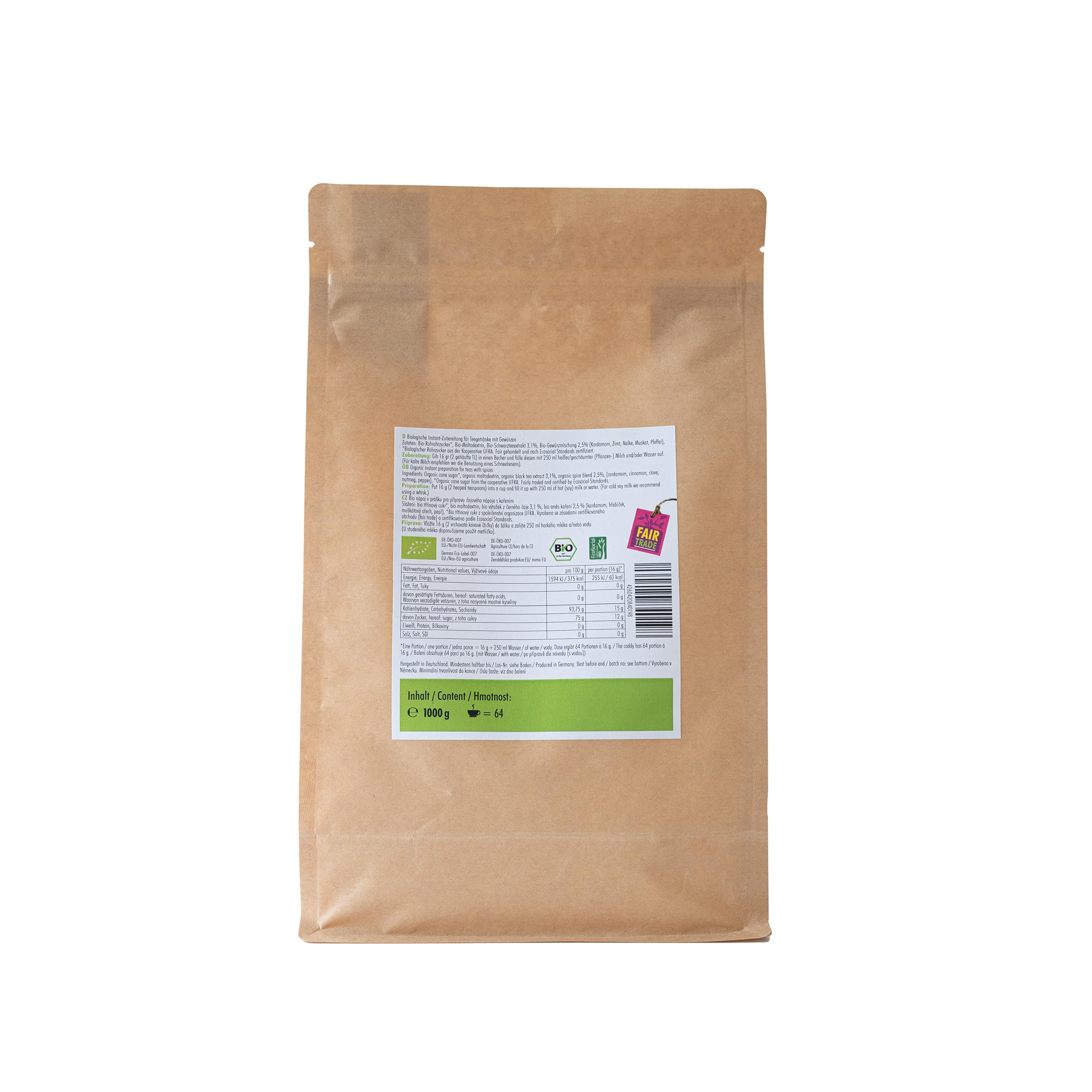 Simply Chai Bio & Vegan Classic Chai Latte Pulver, 1kg Vorratsbeutel – Traditioneller indischer Gewürztee mit Schwarztee & Zimt, instant löslich