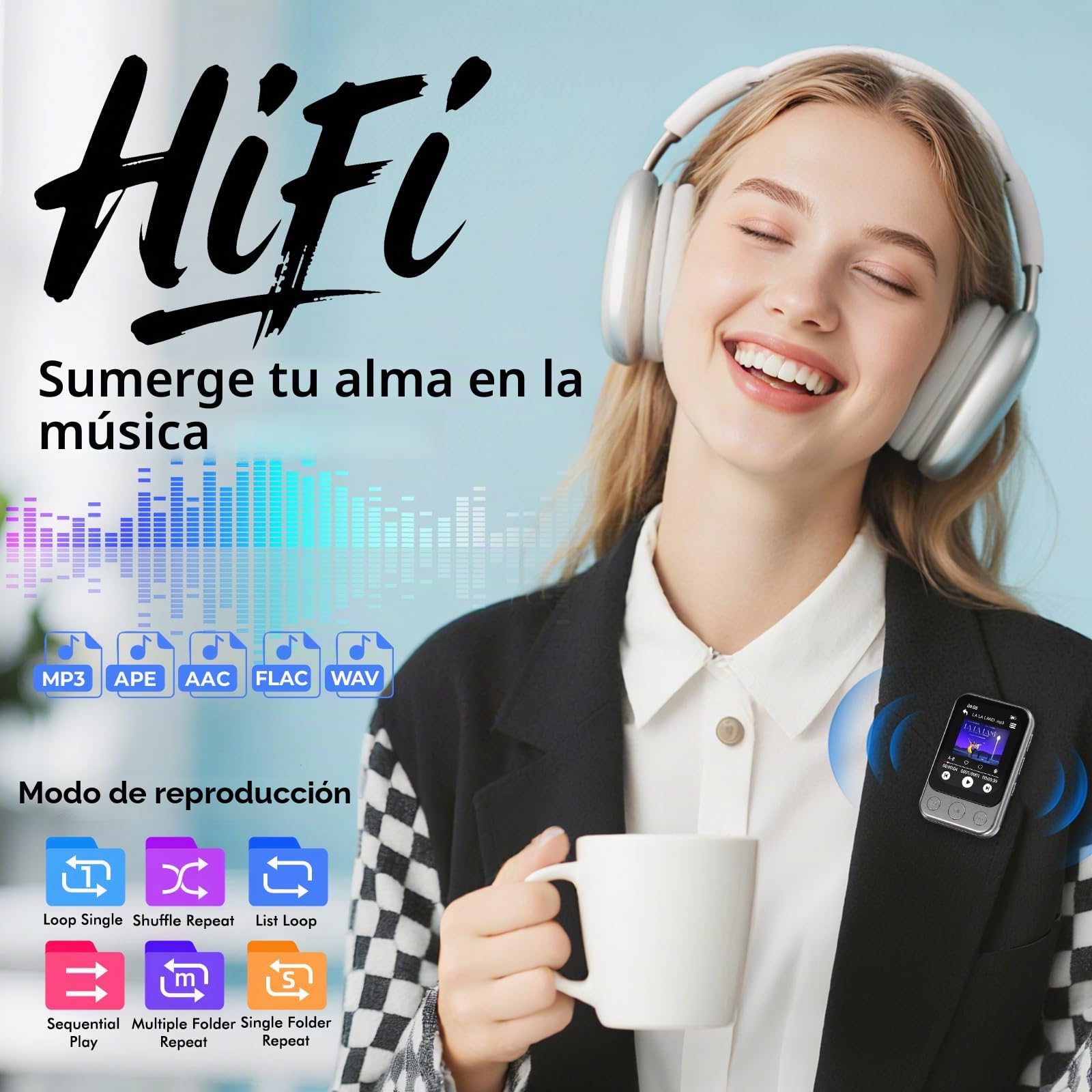 32GB Reproductor MP3 Bluetooth 5.3 con Clip y Altavoz, Reproductor de Música Deportivo con Pantalla Táctil y Botones, Control de Volumen Independiente, Radio FM, Ampliable hasta 128GB