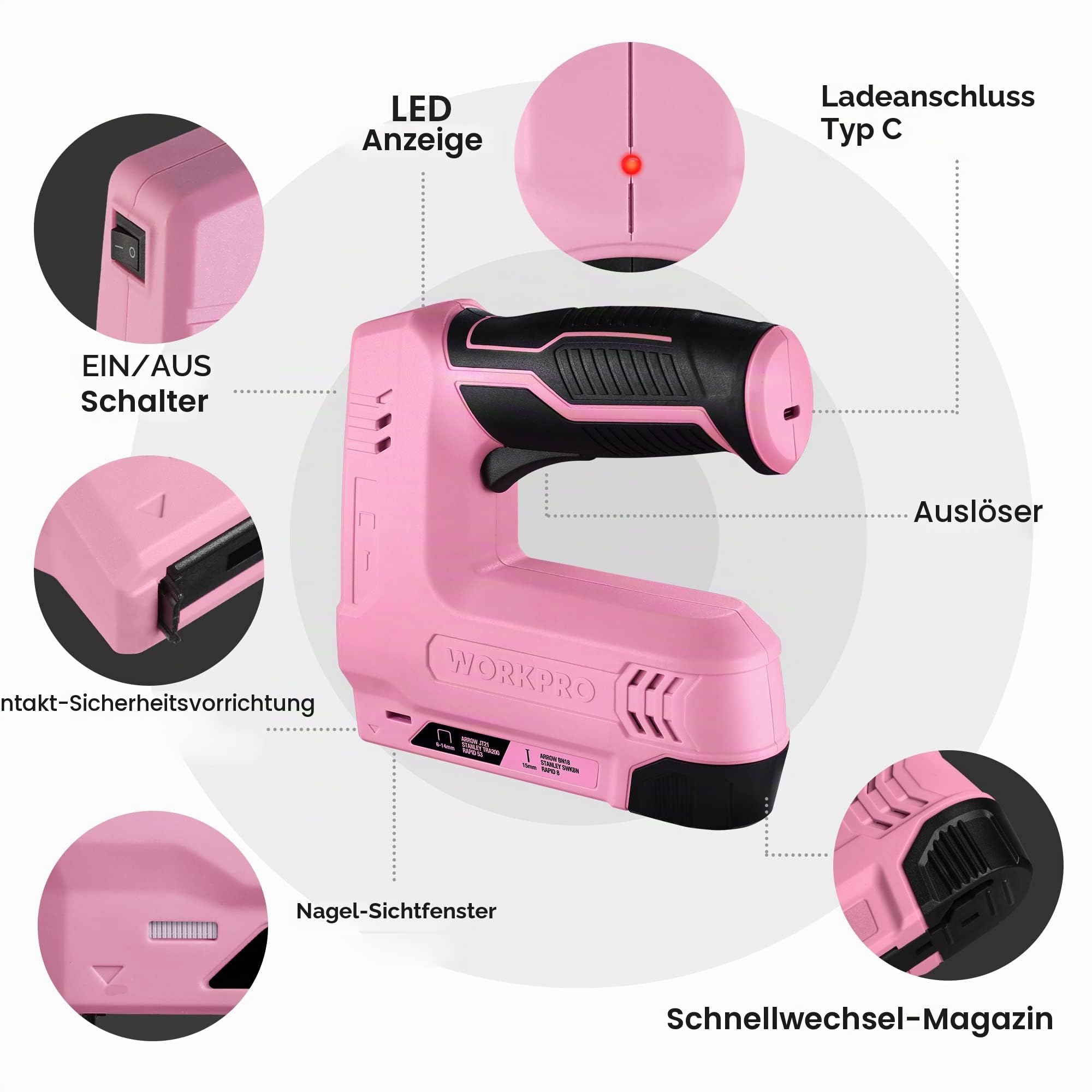 WORKPRO Kabelloser Hefter, 3,6 V, 2000 mAh, mit 2000 Heftklammern, 2-in-1 Multifunktions-Hefter, kompatibel mit Nägeln und Heftklammern Typ 53, 8 für DIY-Projekte in Möbeln, Tischlerei (Rosa) | kompatibel mit Nägeln und Heftklammern Typ 53, 8 für DIY-Proj