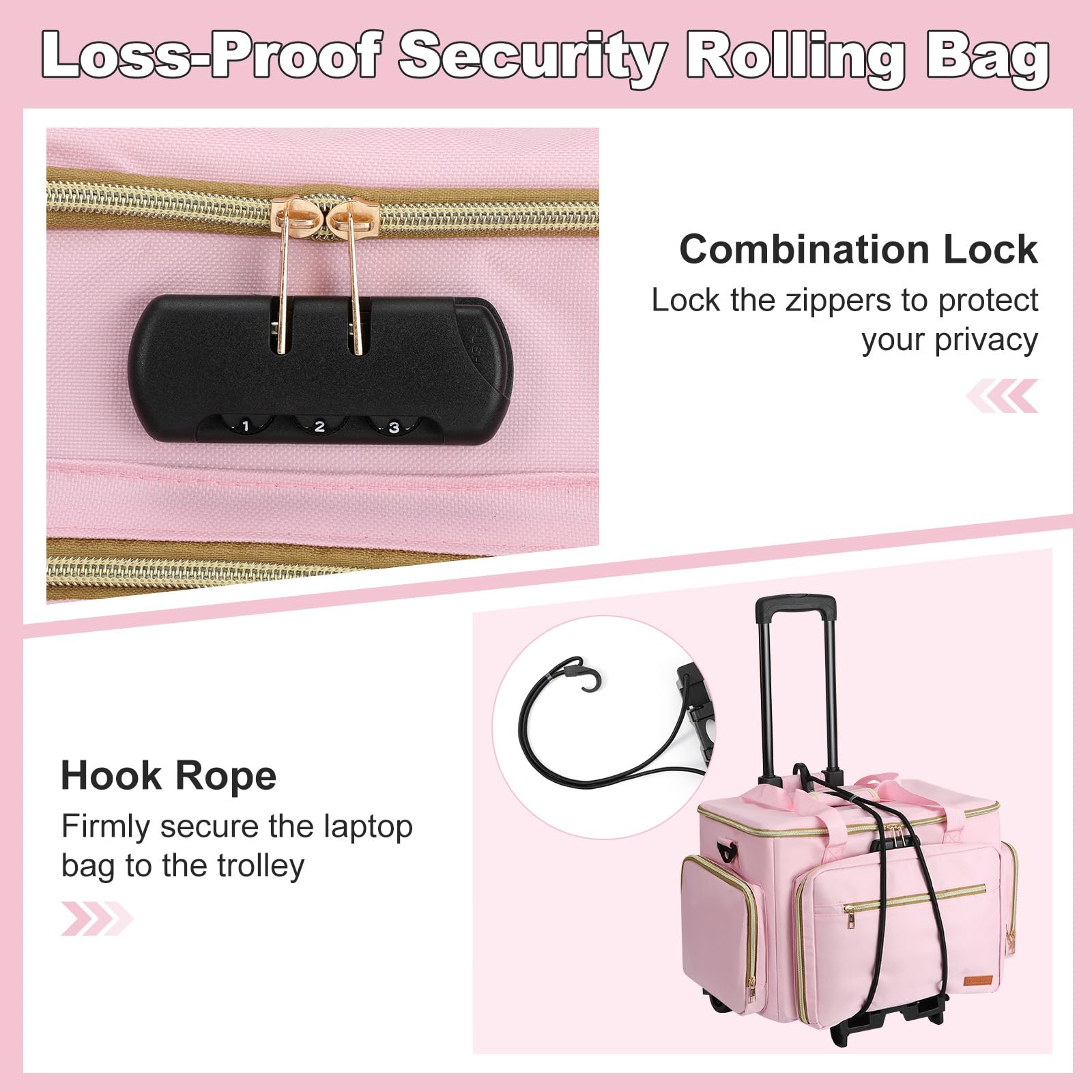 Housolution Bolsa para Maestros con Ruedas, Tote con Carro Desmontable, Estuche Portátil con Ruedas para Trabajo, Maletín con Organizador de Archivos Acordeón, Compatible con Laptop de 15,6", Rosa