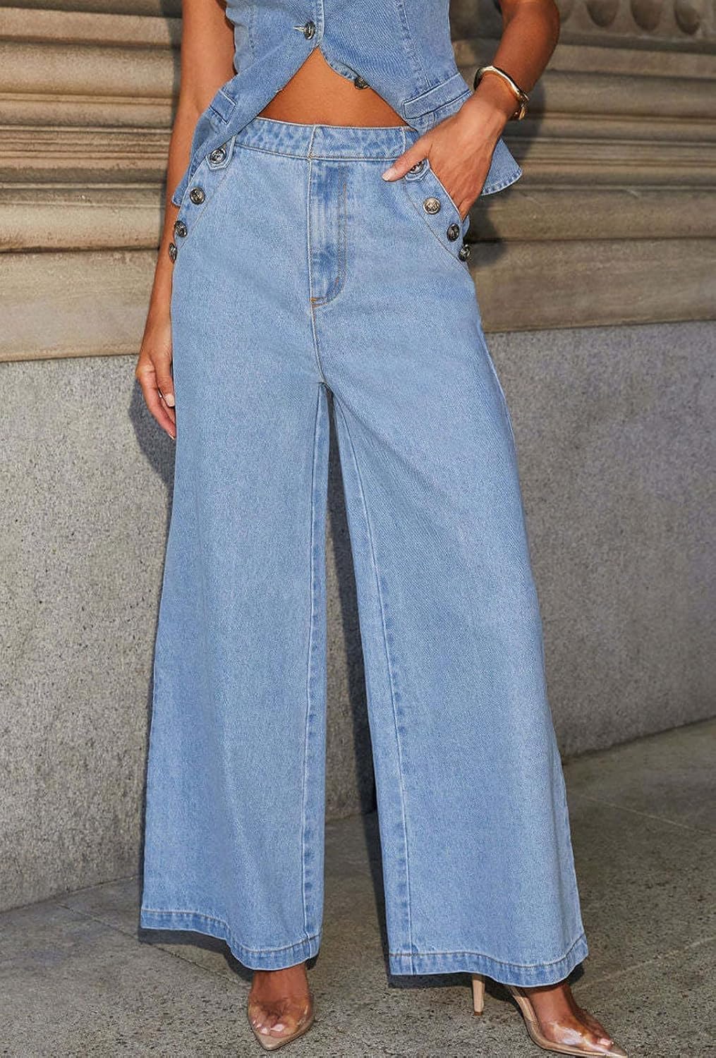 Conjunto de mezclilla de 2 piezas para mujer, chaleco de mezclilla sin mangas con botones, Top de mezclilla, camisa Y2k, pantalones vaqueros de pierna ancha, pantalones palazzo, trajes