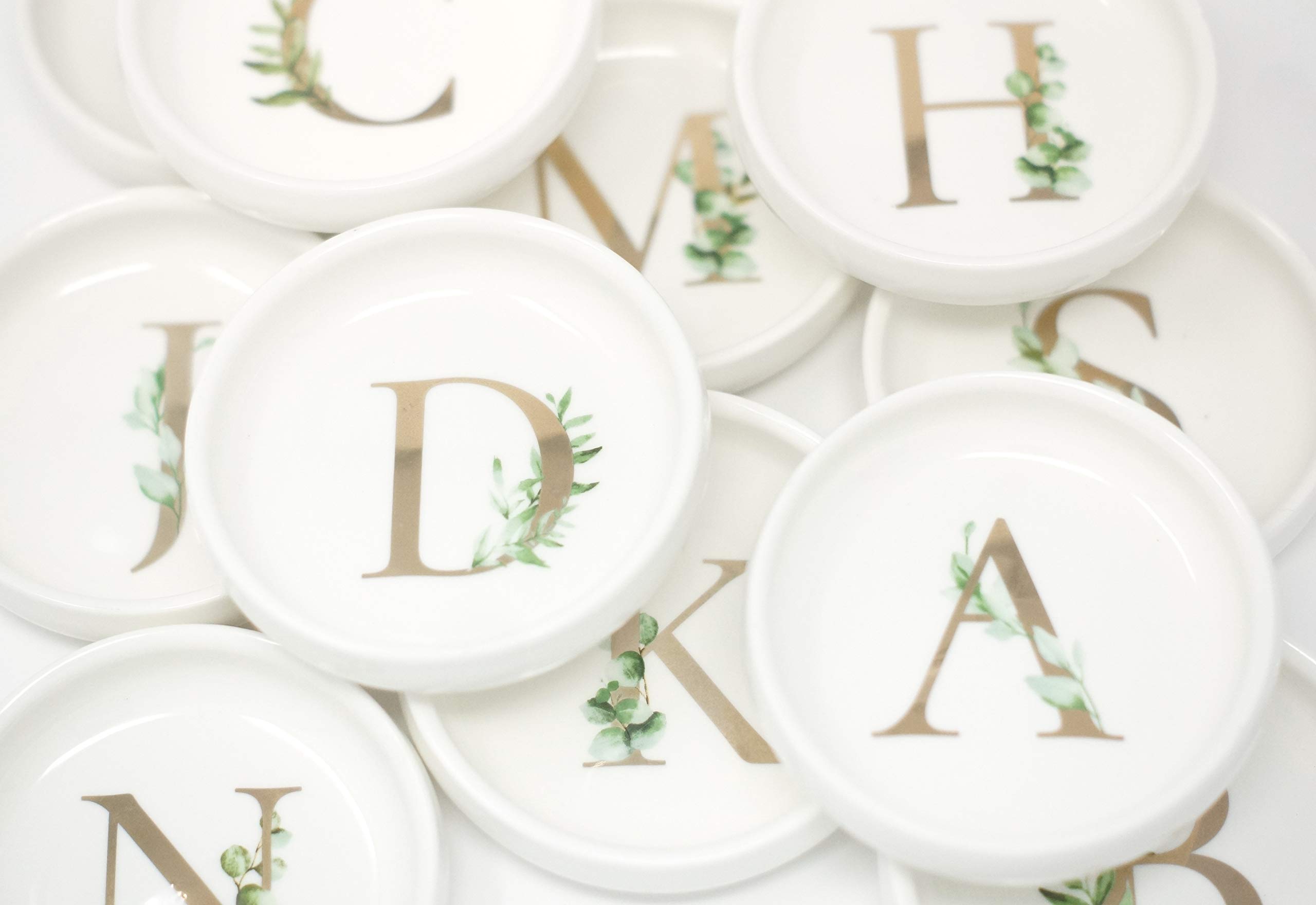 Trinket Tray Ring Dish with Personalized A in Gold Foil and Greenery - White Ring Dish - Monogrammed Trinket Dish or Jewelry Bowl - Cedar & Ink (A)