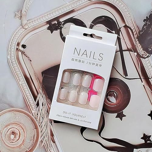 Miniatura 4 de 24 piezas de uñas cortas a presión, uñas postizas cortas cuadradas, encantadoras, uñas postizas cortas rosadas y tiernas, uñas acrílicas de