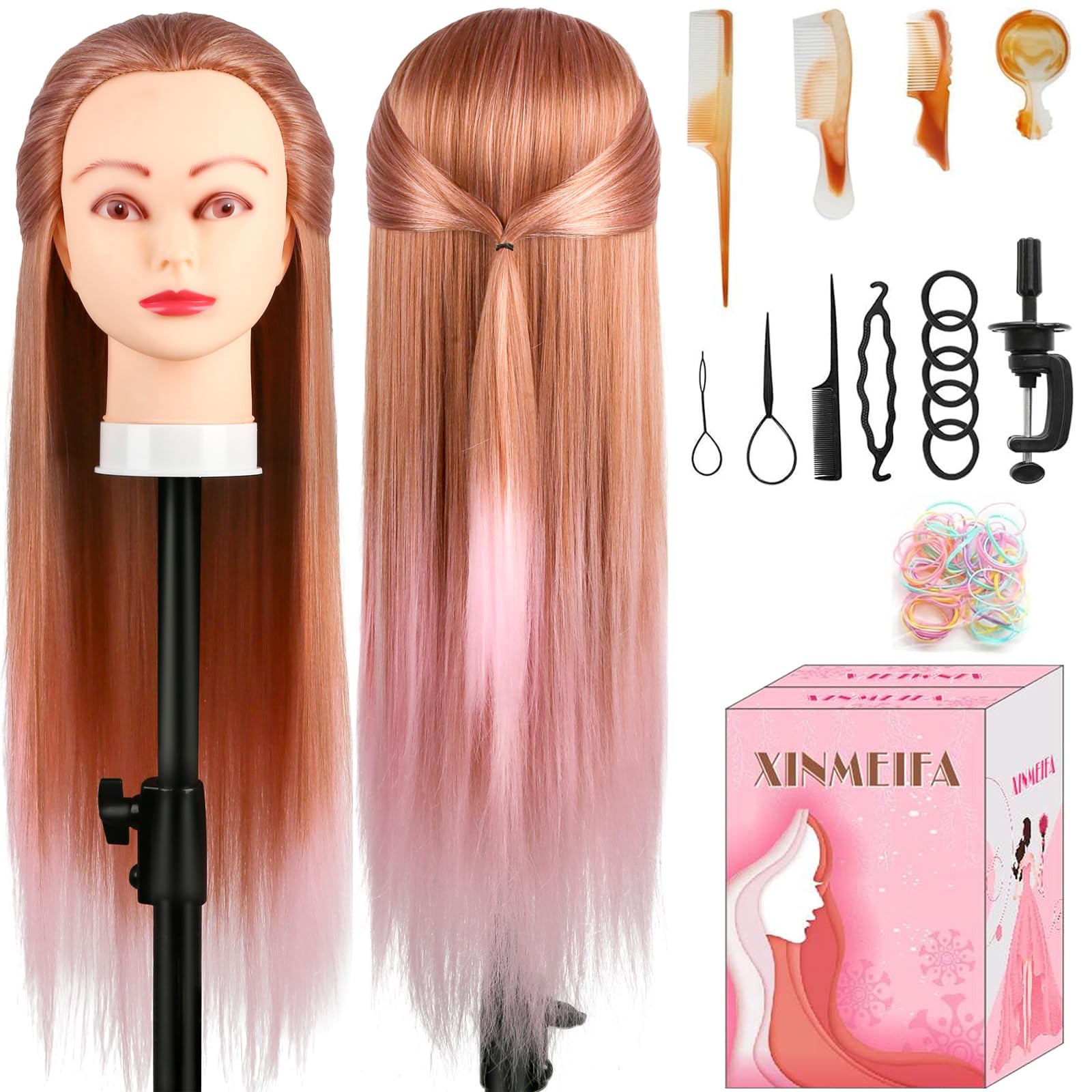 Trainingsköpfe, 28 Zoll Frisierkopf für Friseure, 100% Kunstfaser Haar Übungskopf, mit DIY Strickset und kostenlosen Tischklammern (30-Pink)