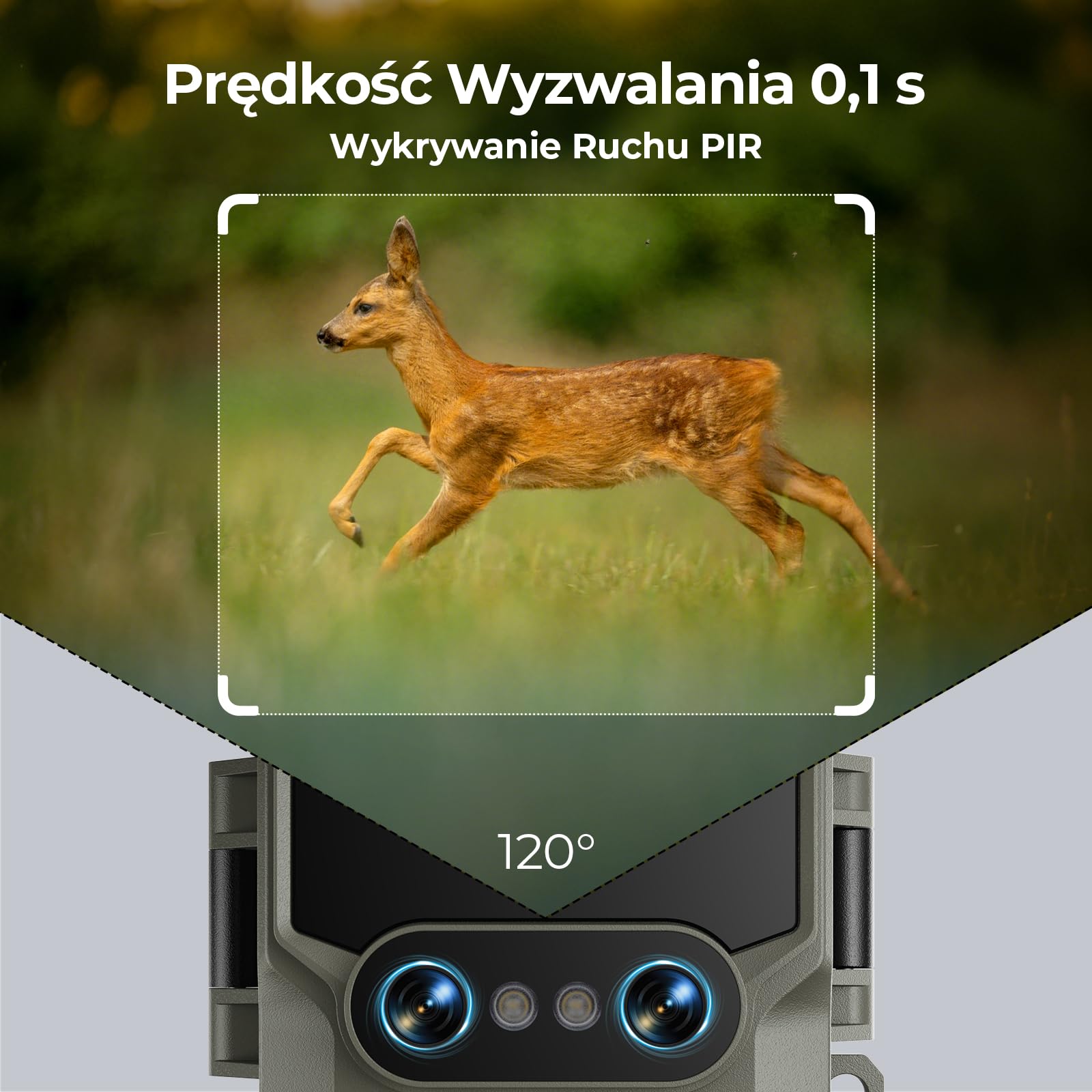 WOLFANG Kamera myśliwska Wildlife Camera, 64MP 4K z podwójnym obiektywem, zasilana energią słoneczną, z funkcją noktowizji Starlight 120°, aktywowana ruchem, IP66, wodoodporna, wyzwalana 0,1 s