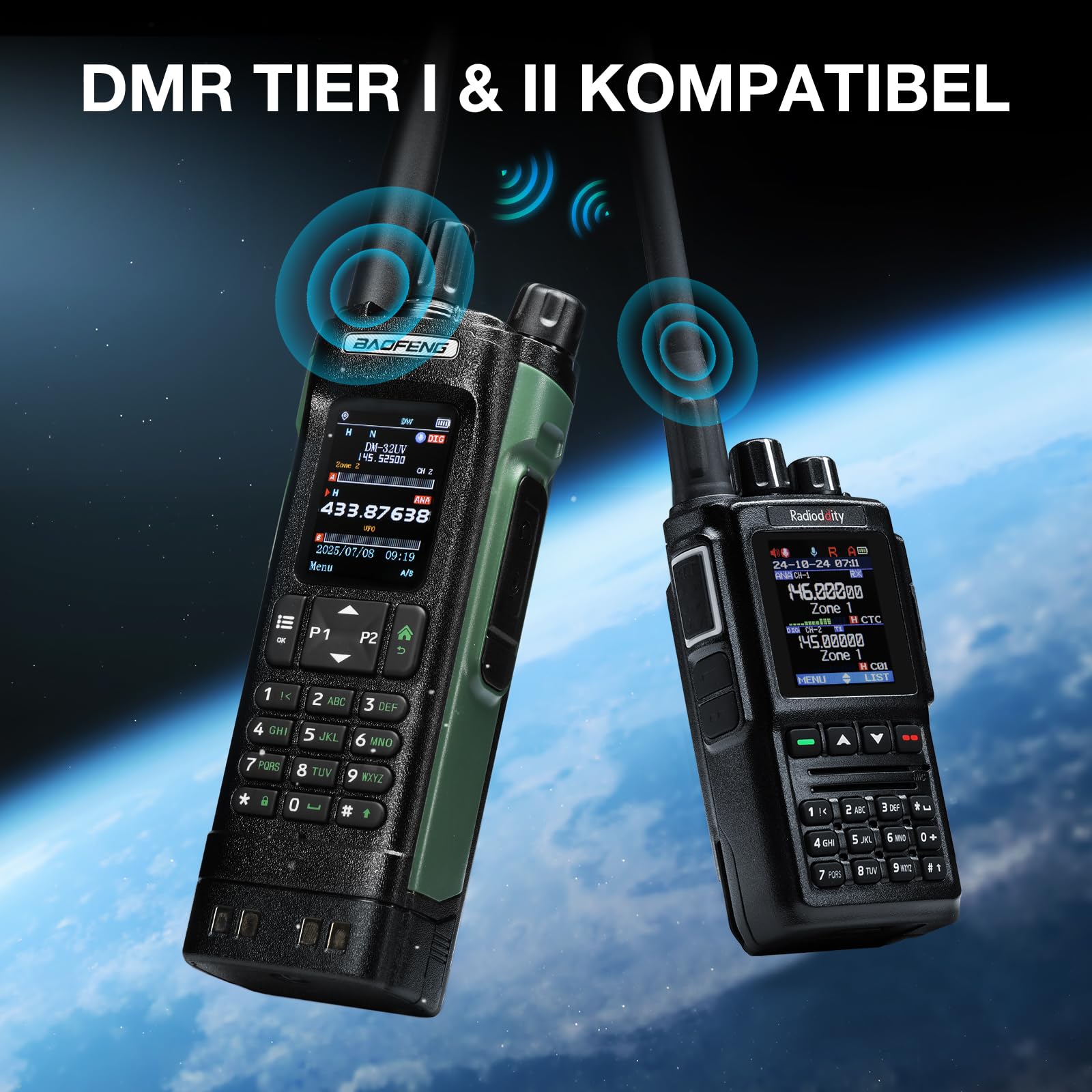BAOFENG DM-32UV 10W DMR Funkgerät, UHF/VHF/AM/FM Handfunkgerät mit GPS & Digitalem APRS, Tier II Dual Slot, 2" Farbdisplay, 4000 Kanäle, 50K Kontakte, Kofferhalter, Grün