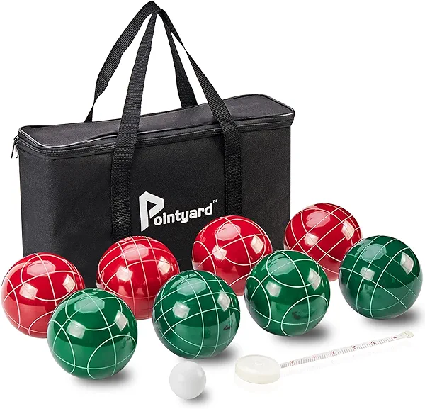 Pointyard Bocce Ball Set, 90mm Resin Bocce Ball Set with 8 Resin Bocce Balls/1 Pallino/Nylon Zippered Bag/Measuring Tape - Outdoor Lawn Games for Adults Family Kids/Yard/Beach Game