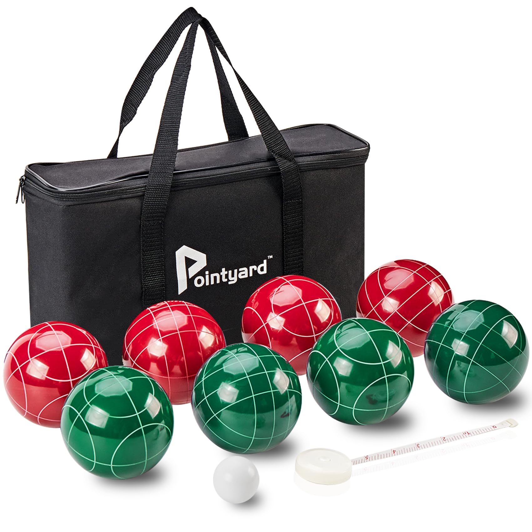 Pointyard 90mm Classic Bocce Ball Set with 8 Resin Balls/1 Pallino/Nylon Zippered Bag/Measuring Tape - Outdoor Family Games for Backyard/Lawn/Beach (Red & Green)