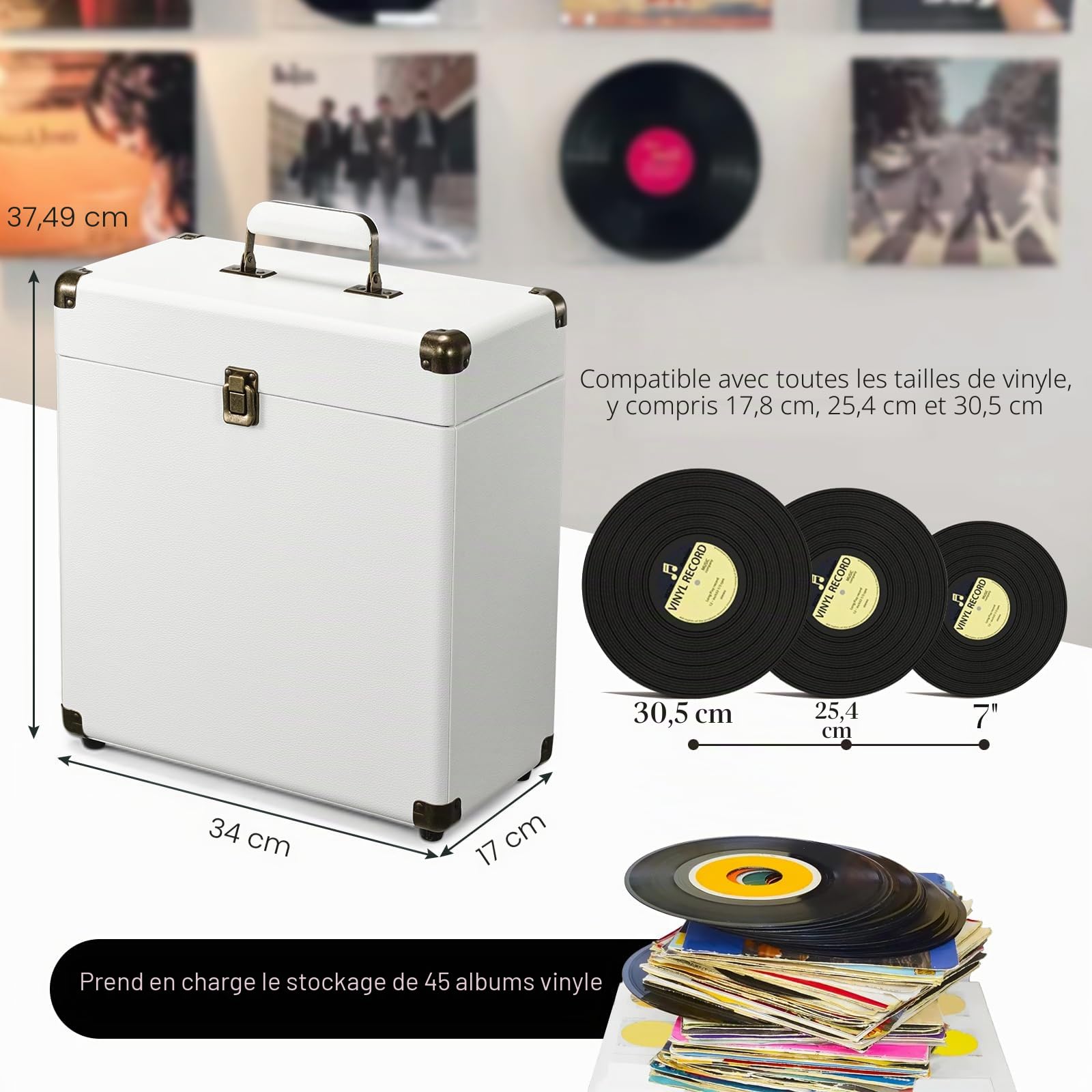 Coffre pour Vinyls de Rangement et Transport avec Serrure - Capacité 45 Disques - Malletín de Protection pour Collection, Blanc
