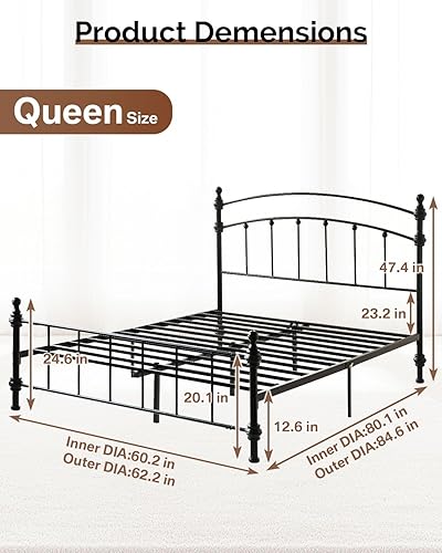 Miniatura 2 de Base de cama de plataforma de metal con cabecera arqueada, marcos de cama resistentes y resistentes, columna romana de lujo retro, fácil montaje, no