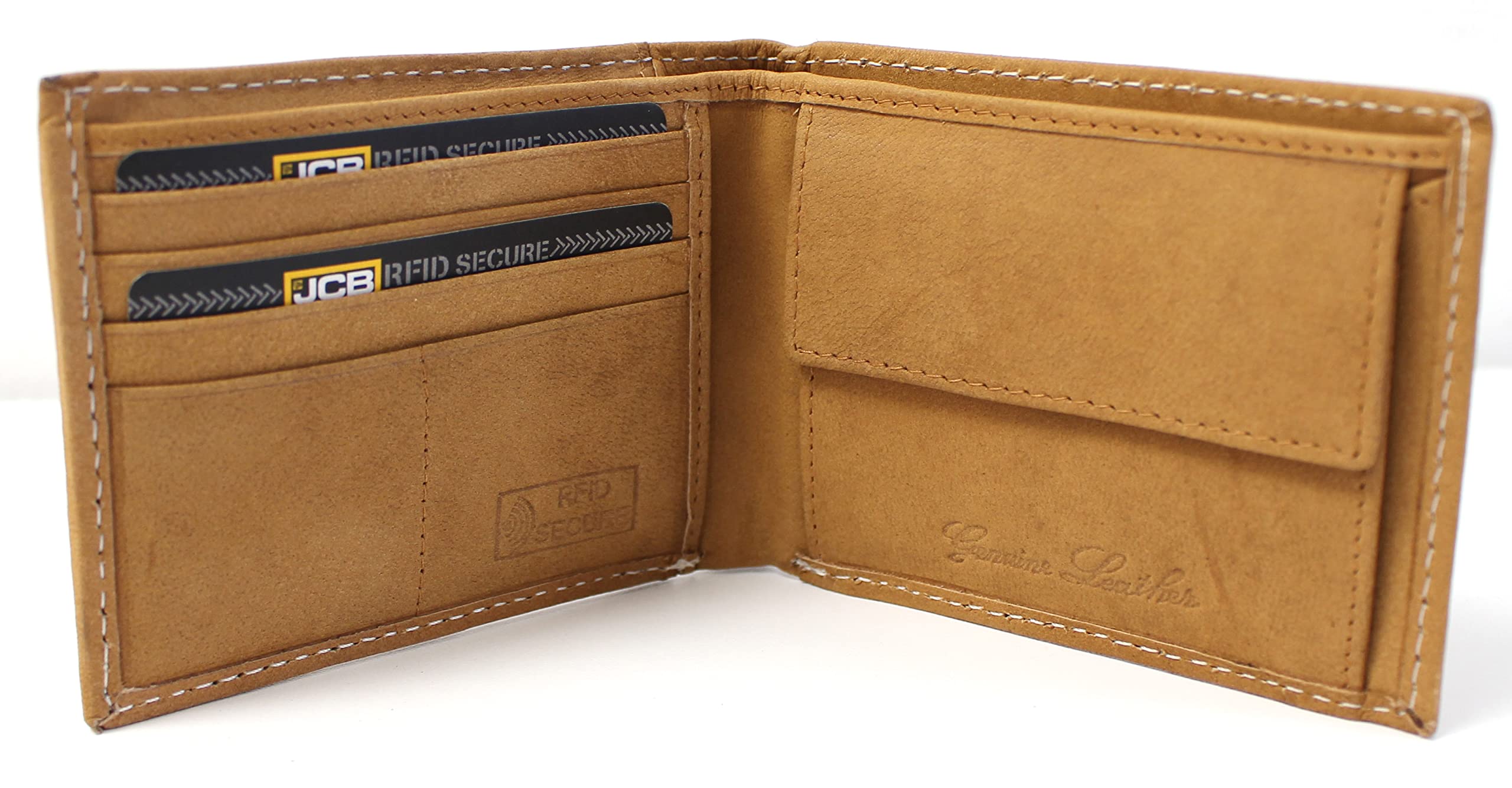 JCB - Mens Genuine Leather Wallet | Bi Fold Wallets Removable Card Holder Gift Box (Black Box, Tan)