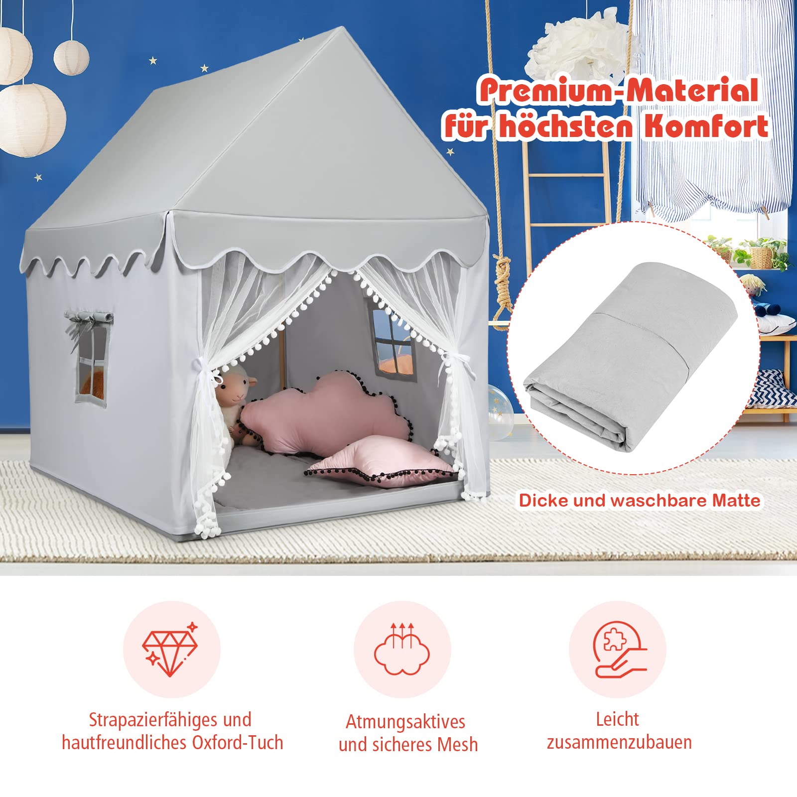 COSTWAY Kinderzelt Indoor, Kinderspielhaus für Jungen Mädchen Prinzess Prinzessin, Kinderspielzelt mit Massivholzrahmen & Baumwolldecke, Kinder Spielhaus für Drinnen, 120x105x140cm (Grau)