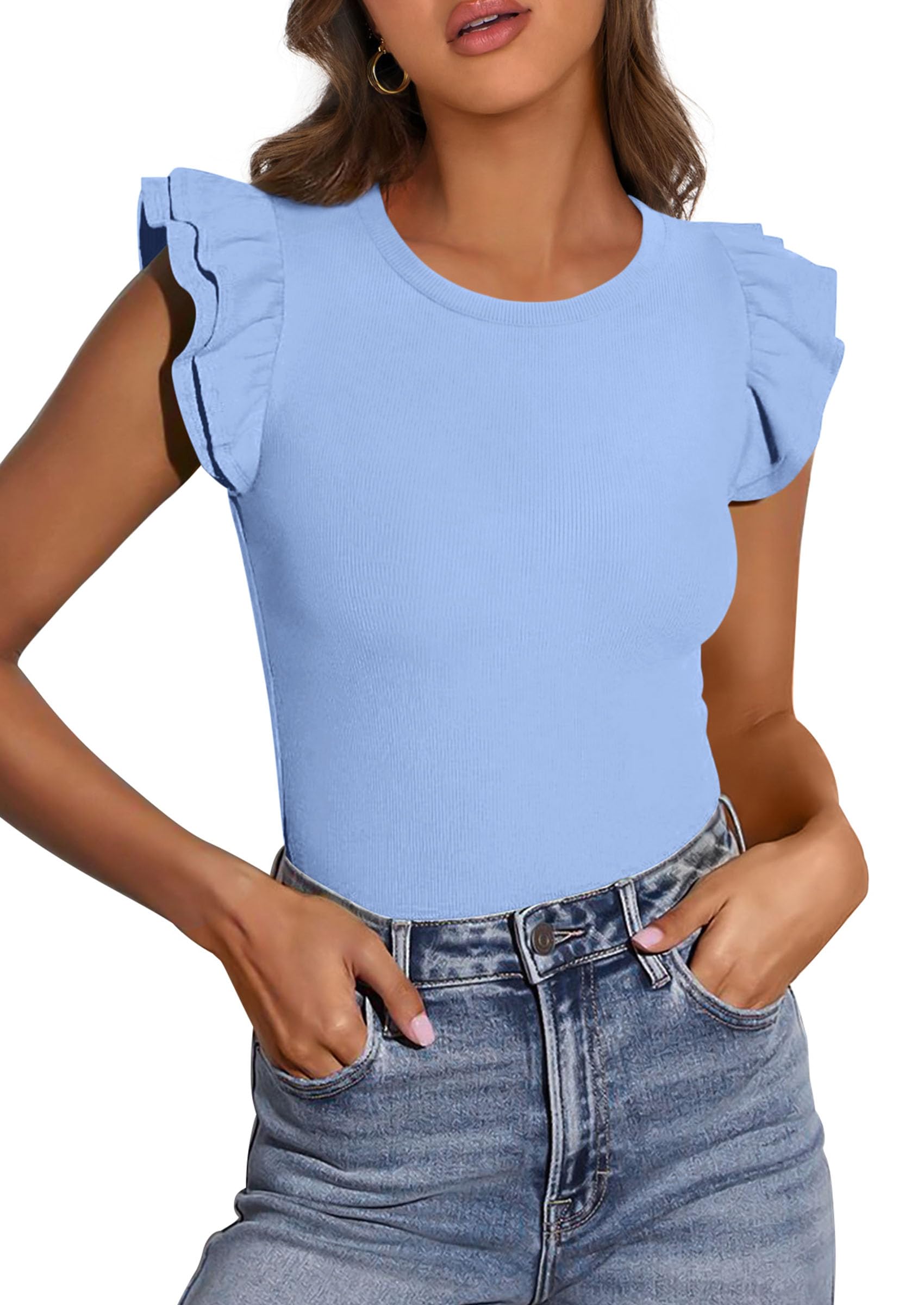 Photo 1 of ***DAMAGED - SEE NOTES/PICTURES***PRETTYGARDEN Womens Summer Crew Neck T Shirts 2026 Trendy Ruffle Sleeve Slim Fit Knit Going Out Tops Casual Spring Clothes (Light Blue,Large)