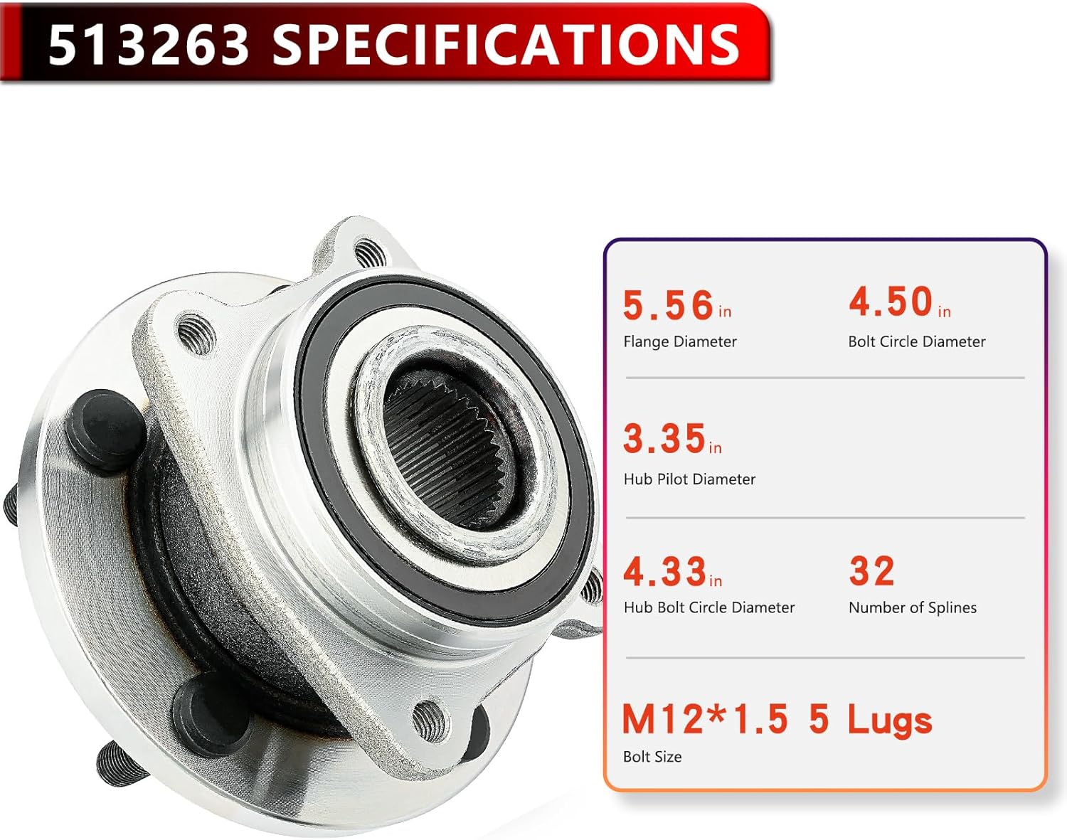 513263 Front Wheel Bearing Hub Assembly for 2011-2014 Chrysler 200, for 2007-2010 Sebring, for 2008-2014 Dodge Avenger Wheel Hub Bearing 5Lug w/ABS