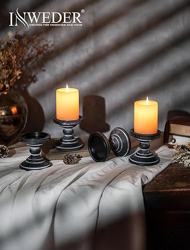 Miniatura 3 de Portavelas de pilar de madera 2 portavelas rústicos negros para velas de pilar, portavelas de madera envejecida, portavelas rústico grande para mesa