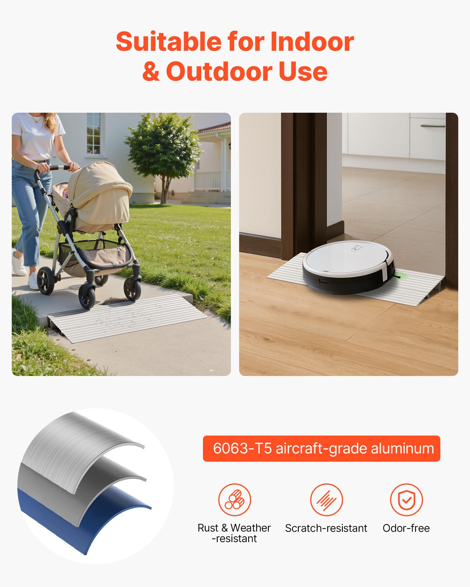 VEVOR Rampa per Soglia Modulare Regolabile in Alluminio 296 x 864 x 59 mm, con Capacità di Carico di 360 kg, Rampa per Marciapiede per Scale Domestiche per Scooter, Ausili per la Deambulazione