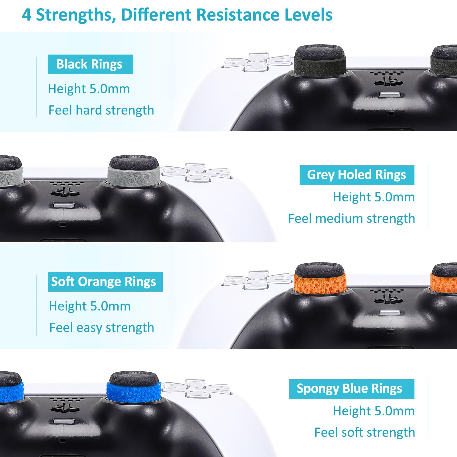 MoKo 18 PZS Anillos de Precisión Compatible con PS5/Steam Deck/PS4/Xbox Series X/S/Xbox One/Switch/Switch OLED/Switch Pro/ROG Ally/Legion Go, 4 Durezas Anillos Esponja Asistencia Control Mando Juego