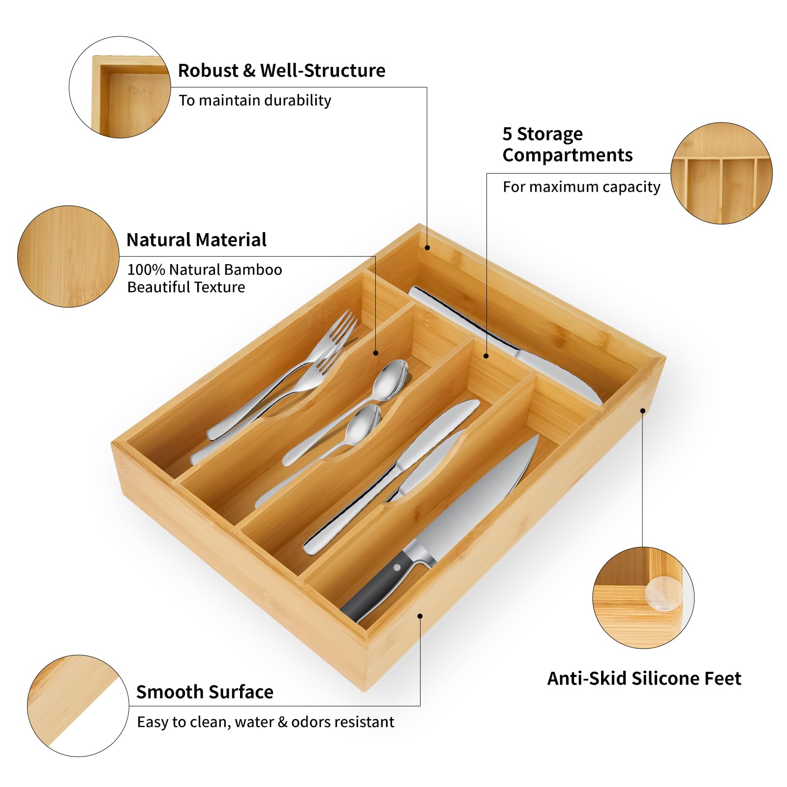 lBamboo - Organizador de cubiertos para cajón, organizador de utensilios, soporte para cubiertos y bandeja de utensilios con separadores de cajones para cubiertos de cocina Orgazier