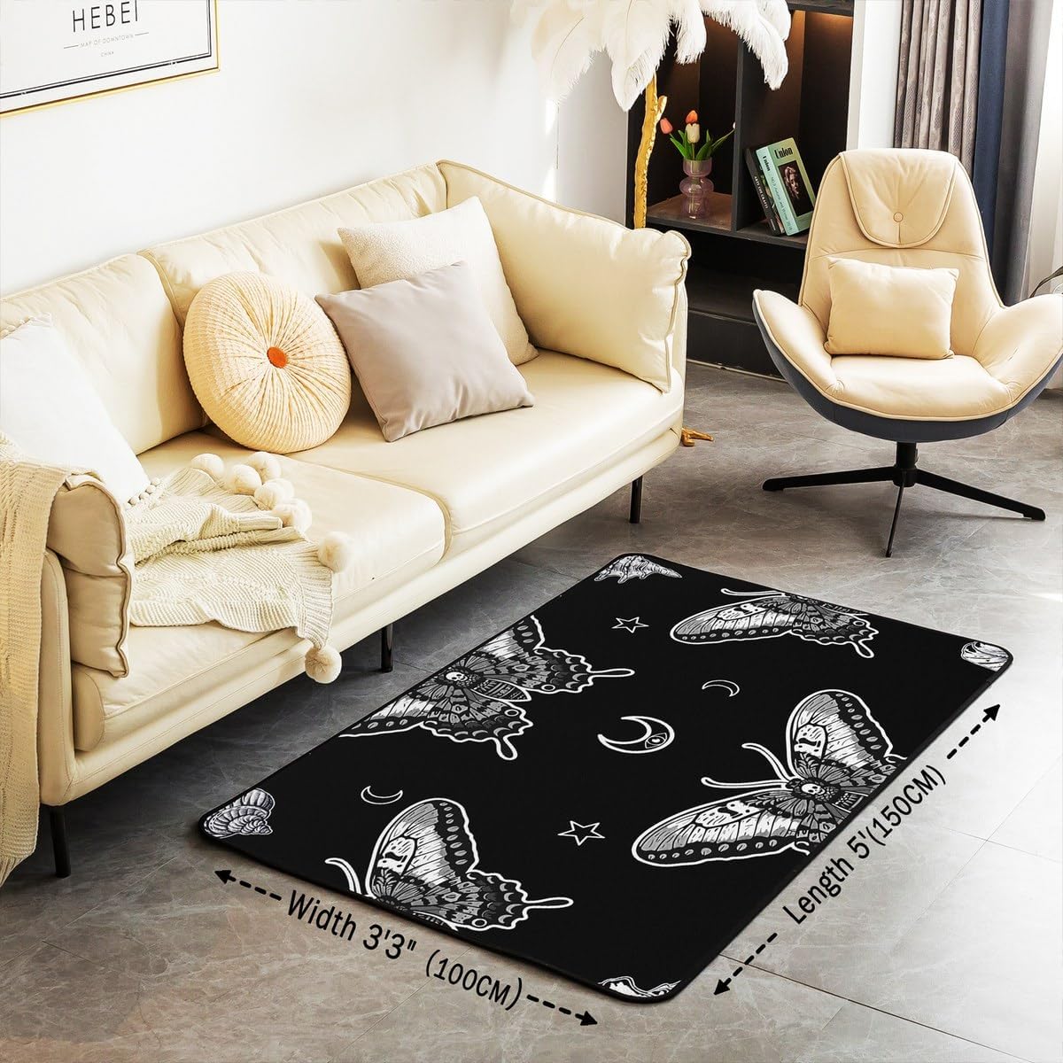 Halloween Decor Area Rugs 3x5, Boho Moth Living Room Rugs for Kids Boys Teens Men, Gothic Skull Skeleton Bones Carpet Non Slip, Moon Galaxy Starry Sky Decorative Rug, Black White