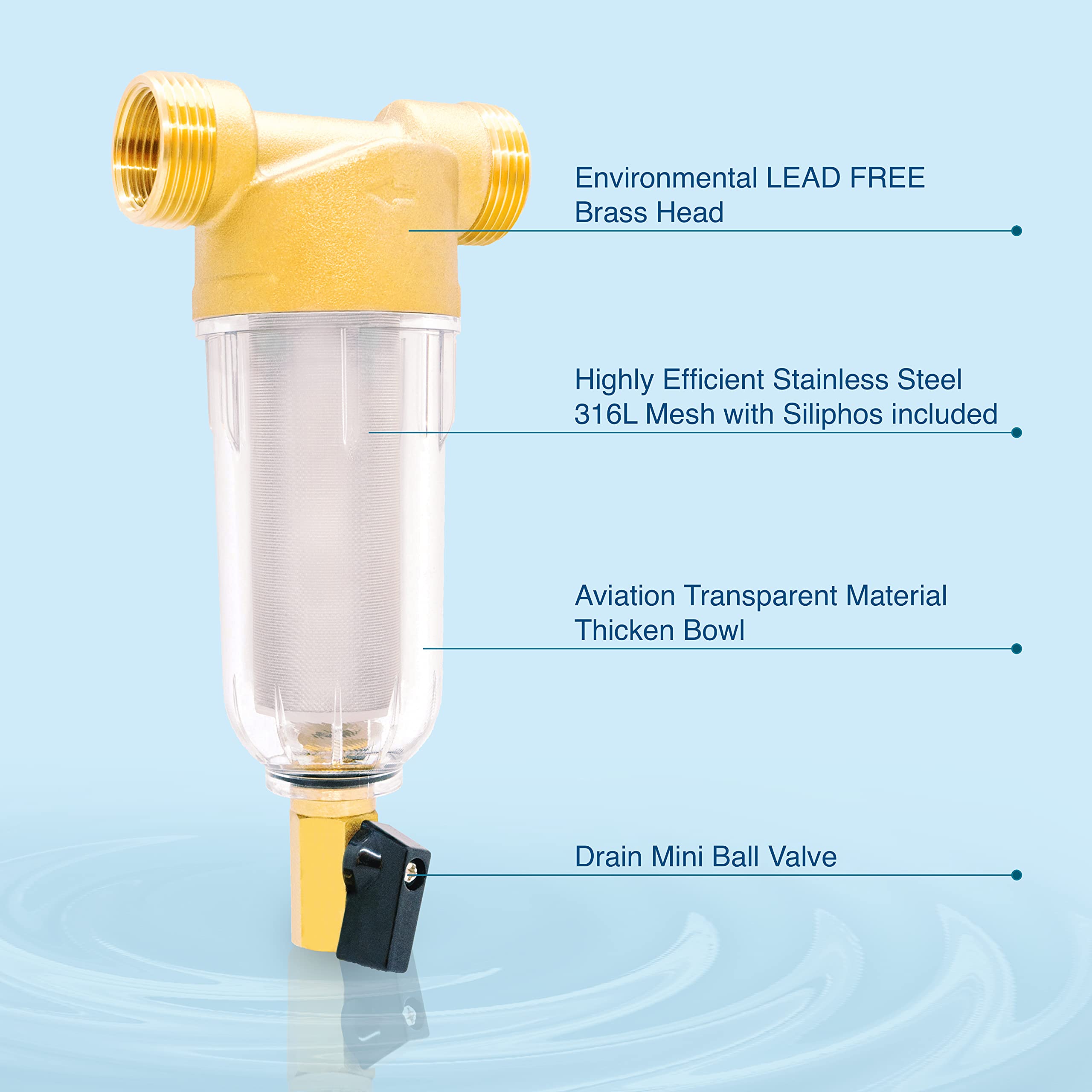 Filtro de agua eficiente y reutilizable para toda la casa con siliphos, prefiltro de 40 micras, MNPT de 1 pulgada + FNPT de 3/4 pulgadas