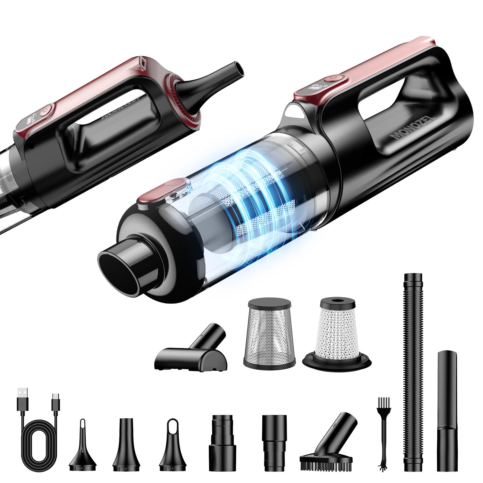 MONOZEL Handheld Vacuum Cleaner, 18000Pa 2 in 1 Cordless Car Vacuum Cleaner&Air Duster, 130W Brushless Motor with 7800mAh Battery, LED Light and Multi-Nozzles, Portable for Home, Car, Office, Pet Rose Gold