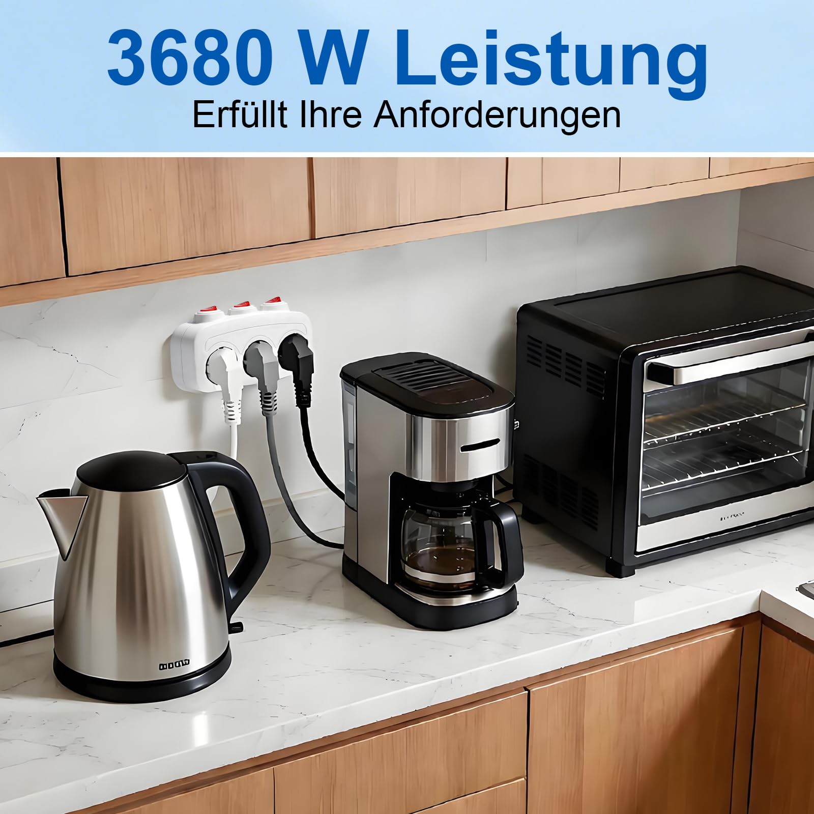 3-Fach Steckdosenleiste mit einzeln Schalter,16A/250V 3680W Steckdosenadapter mit Mehrfachstecker für Steckdosen - Mehrfachsteckdose mit Kindersicherung für Küche,Büro oder Heim,Weiß