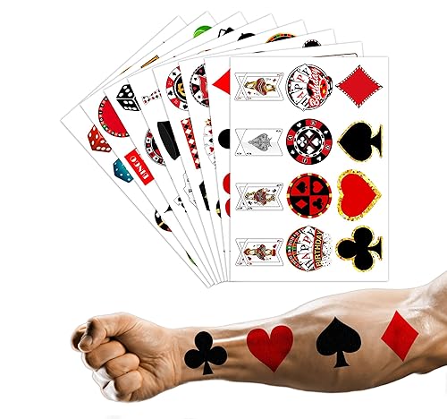 Miniatura 6 de Tatuajes temporales con temática de casino decoraciones de fiesta de cumpleaños suministros de decoración lindas calcomanías de tatuaje 8 hojas 96