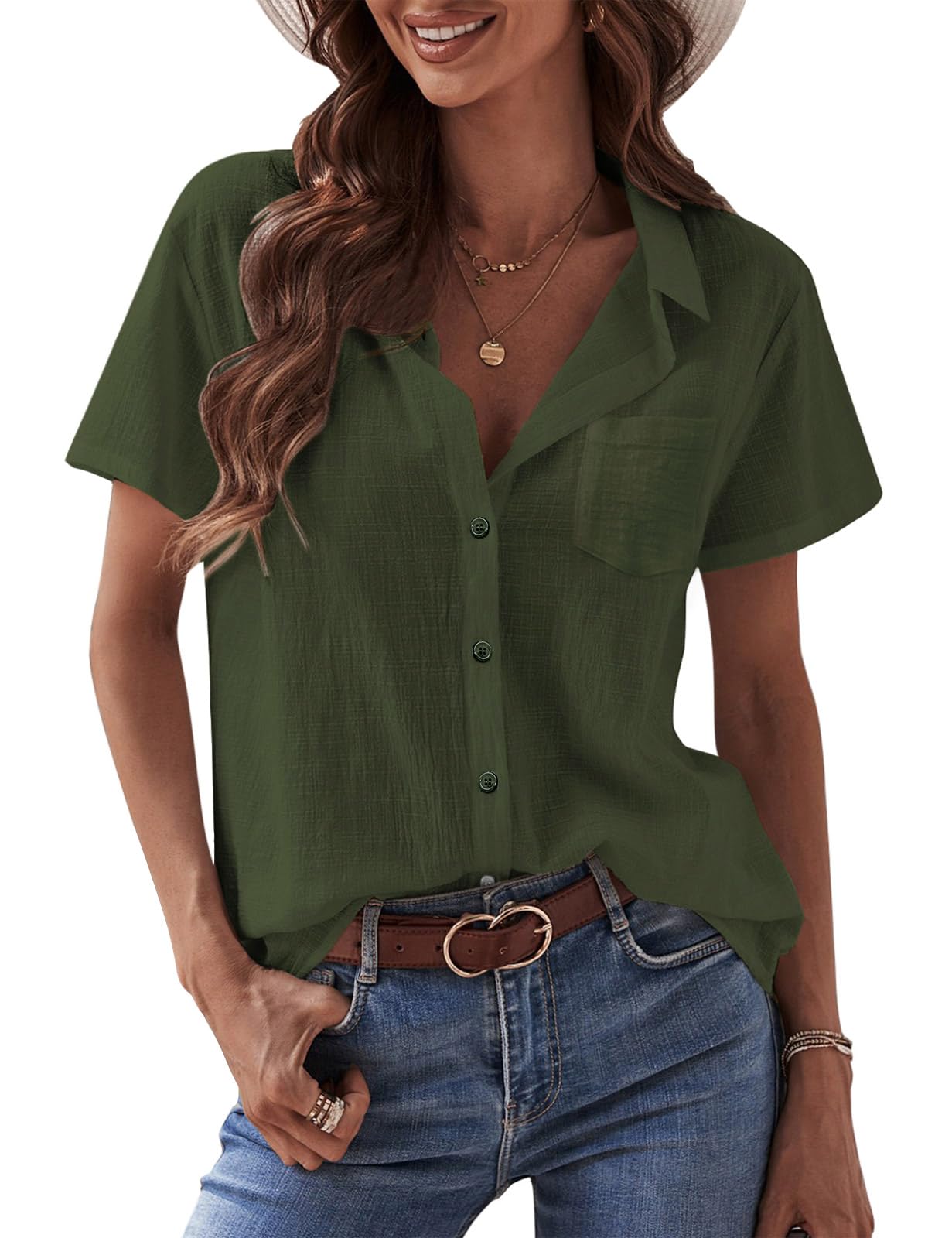Yuson Girl Camicia Donna Camicetta Donna Manica Corta Cotone da Donna Blusa Maglietta Elegante con Scollo a V Casual Camicie Abbottonate Top Tinta Unita Estive Shirt Classico Maglia