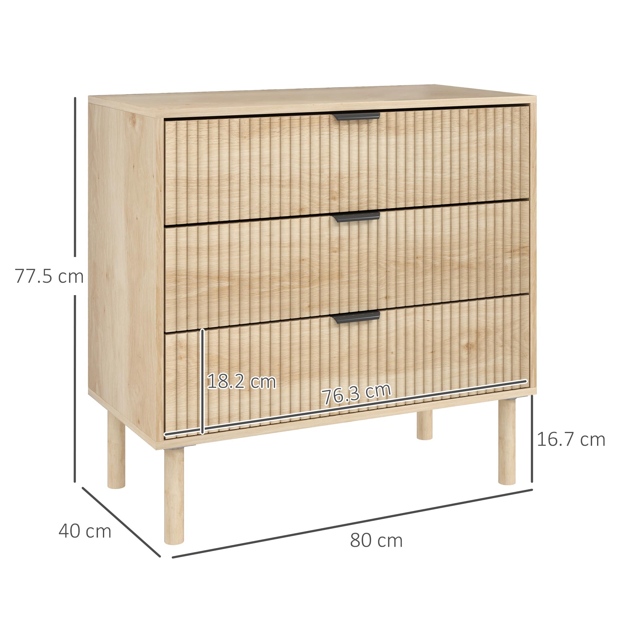 HOMCOM Cassettiera Camera da Letto 3 Cassetti, 80x40x77.5 cm, Rovere | Comò Camera da Letto Moderno con Gambe, Cassettiera Salvaspazio, per Soggiorno