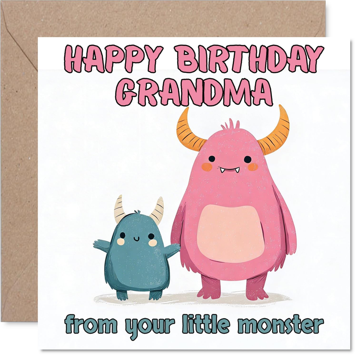 Playful Birthday Card for Grandma - Big Birthday Hugs - Cute Cartoon Monsters on Pink and Blue - Playful Way to Show Grandma She's Loved - 145mm Square, Envelope Included