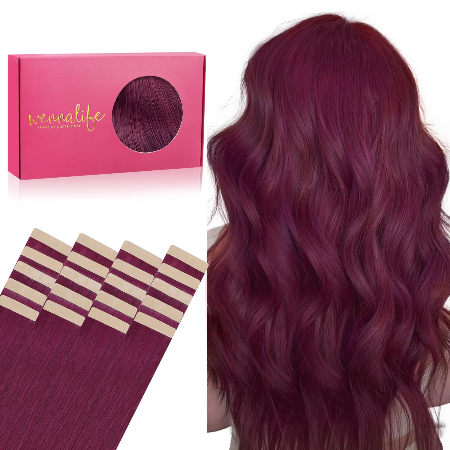 WENNALIFE Tape in Hair Extensions, 20pcs 22 Inch 50g Light Burgundy Real Human Hair, Remy Straight Tape Extensions