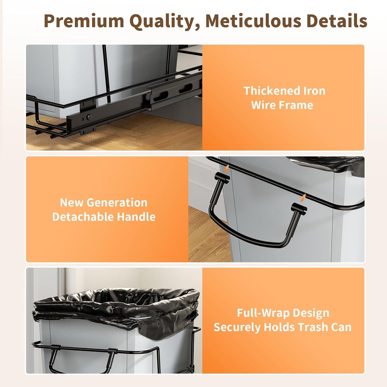 Pull Out Trash Can for Kitchen Cabinets, 35 Qt Under Sink Garbage Bin with Full Extension Slides, Fits 13" W x 18" D Opening Cabinets, Heavy-Duty Black Steel Organizer (Trash Can Not Included)