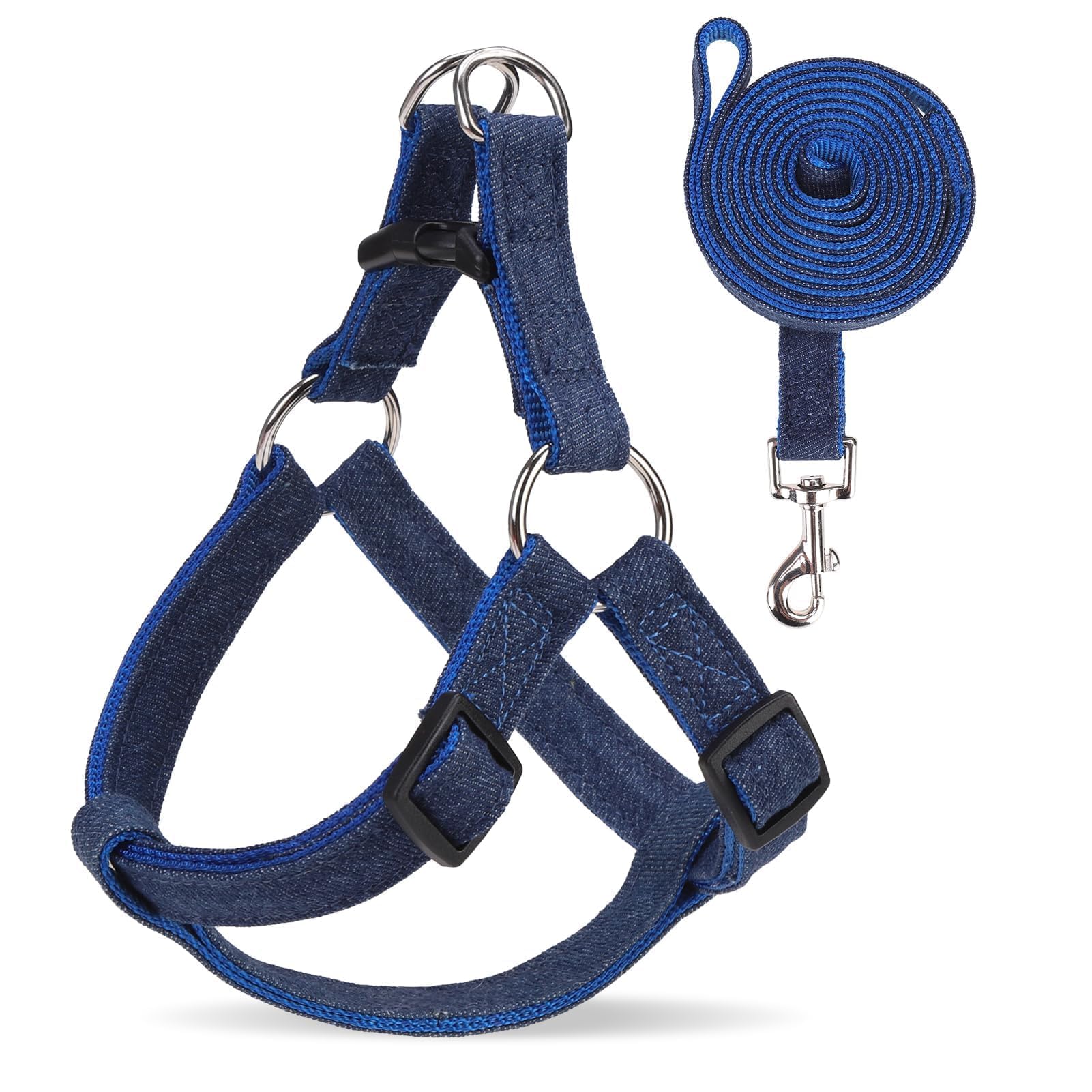 Harnais en denim BINGPET réglable et anti-traction pour petit chien bleu