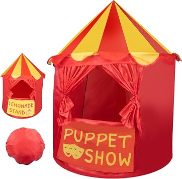 Round Puppet Theater Play Tent with Reversible Front Panel, 2-in-1 Puppet Show & Lemonade Stand, Foldable Portable Playhouse with Carry Bag, Indoor & Outdoor Creative Role Play Stage