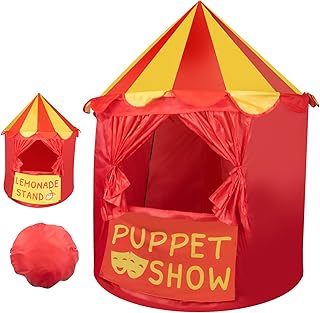 Round Puppet Theater Play Tent with Reversible Front Panel, 2-in-1 Puppet Show & Lemonade Stand, Foldable Portable Playhouse with Carry Bag, Indoor & Outdoor Creative Role Play Stage