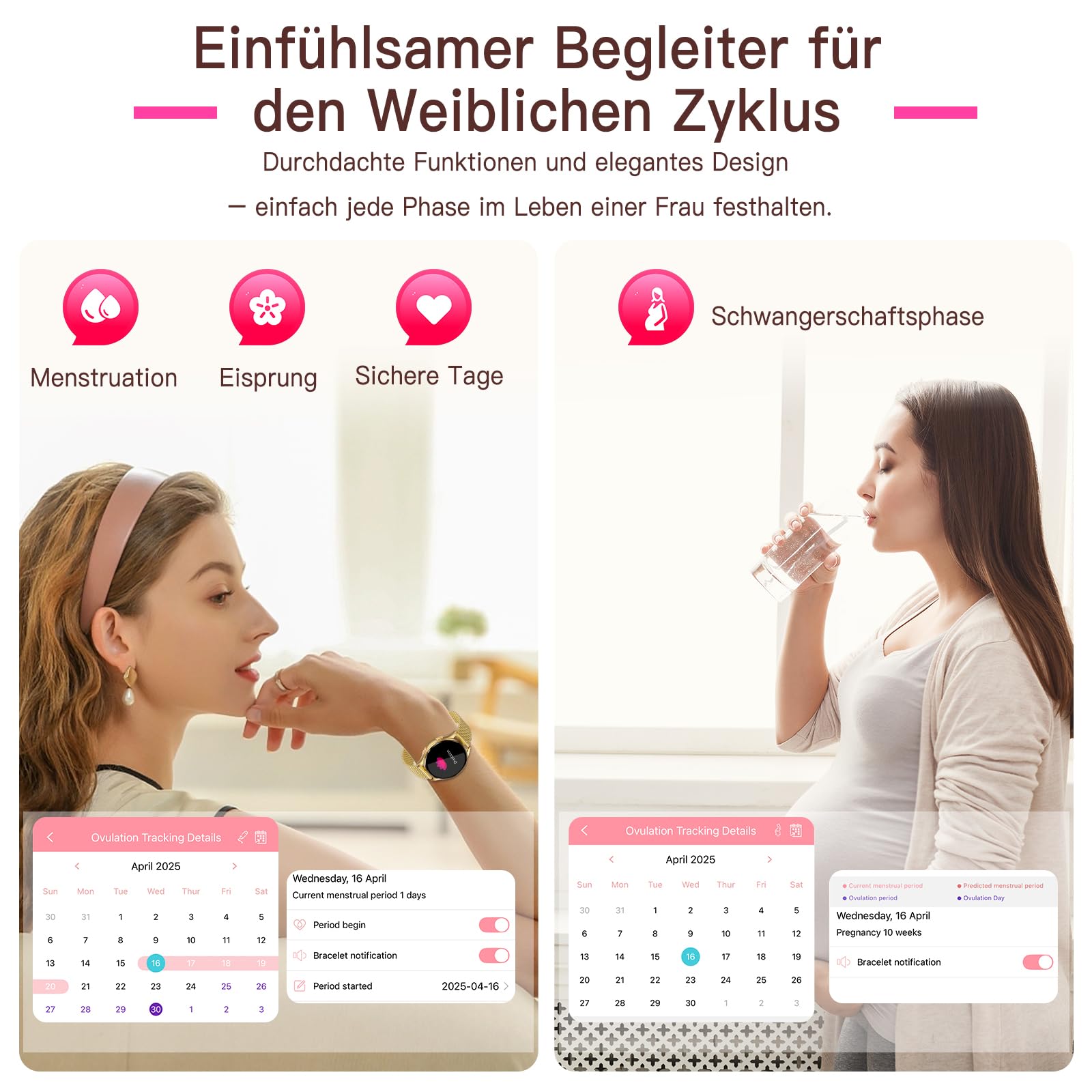Smartwatch Damen mit EKG+HRV/Blutdruck/BMI/Harnsäure, Rund 1,43" AMOLED Gesundheitsuhr Damen mit Telefonfunktion, 24H Pulsuhr Schlafmonitor Menstruationszyklus für Fitness Tracker iOS Android