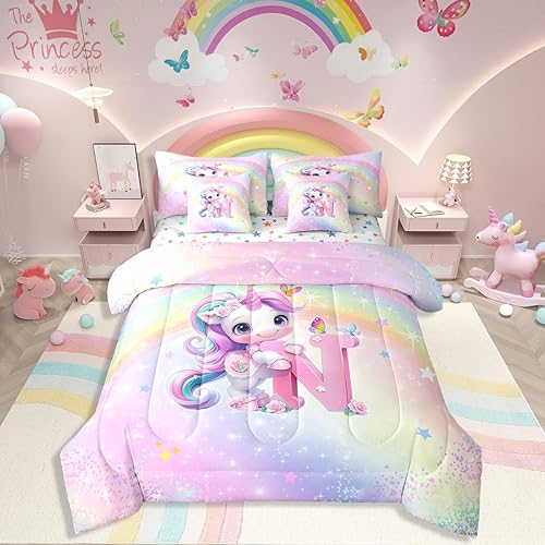 Unicorn Bed In A Bag Twin All Season Rainbow Unicorn 7 Pieces Bedding Set,1 Pill