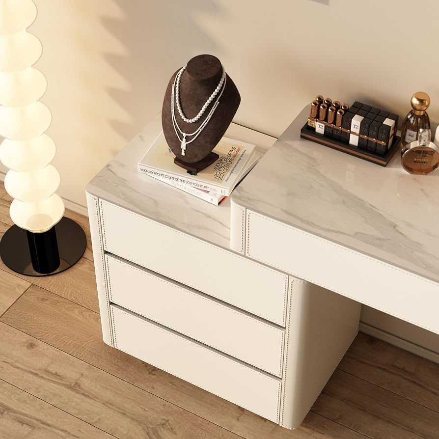 faux leather dressing table GDFStudio Cadi Modern Dressing Table Set with 3-Color LED Light Sliding Mirror and Faux Leather Stool, Walnut