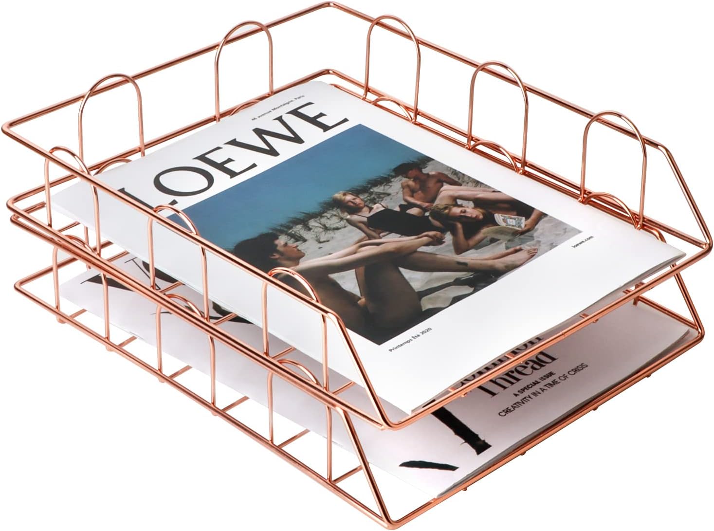 Letter Trays Stacking Supports, Stackable Paper Tray Mesh Collection,Desk File Organizer,Wide Desk File Document for School Home Office Supplies (Rose-Gold)