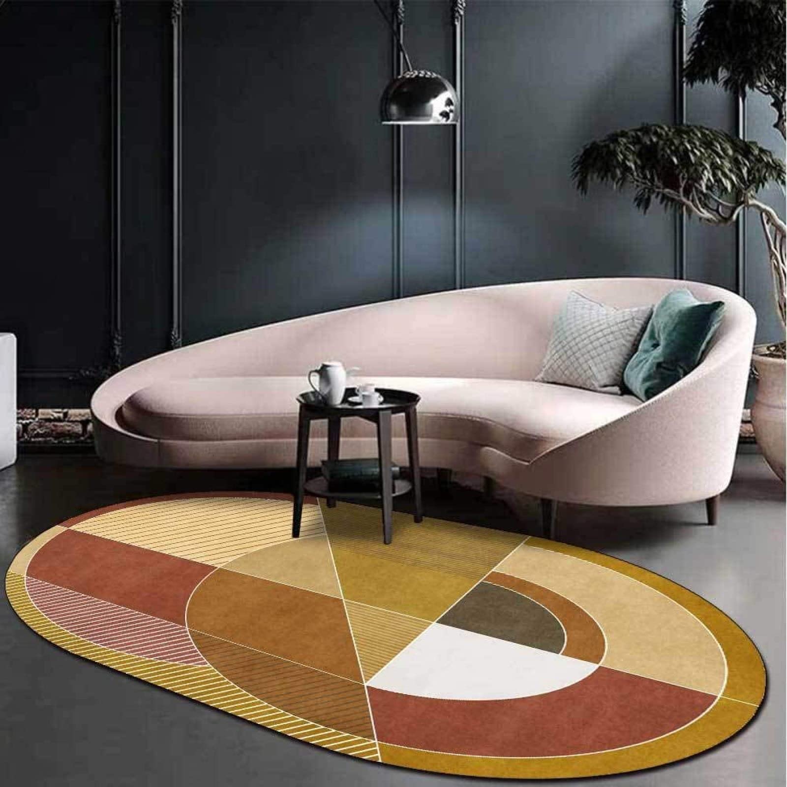 Rururug Tapis Ovale Couture Géométrie Morandi Jaune Couloir Salon entrée Moquette décoration d'intérieur Tapis Lavable antidérapant 120 X 180 CM