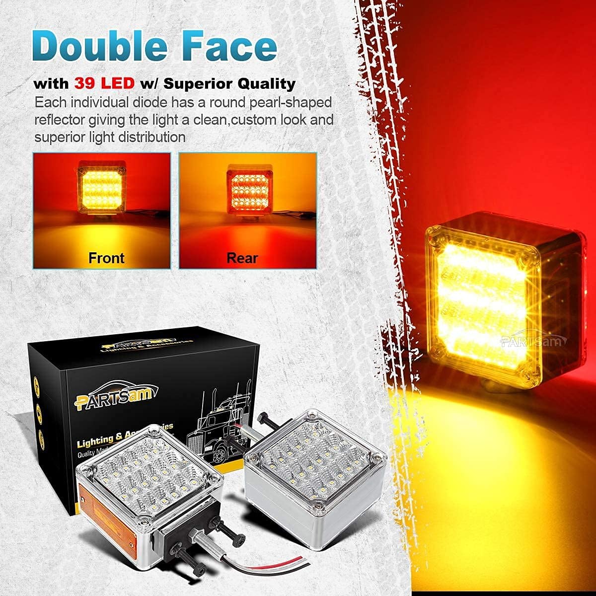 Partsam Truck Pedestal Lights Kit Clear Lens, 2Pcs 3" Round Double Face Led Turn Signal Lights 30LED+2Pcs Square Double Face Led Lights 39LED Double Post