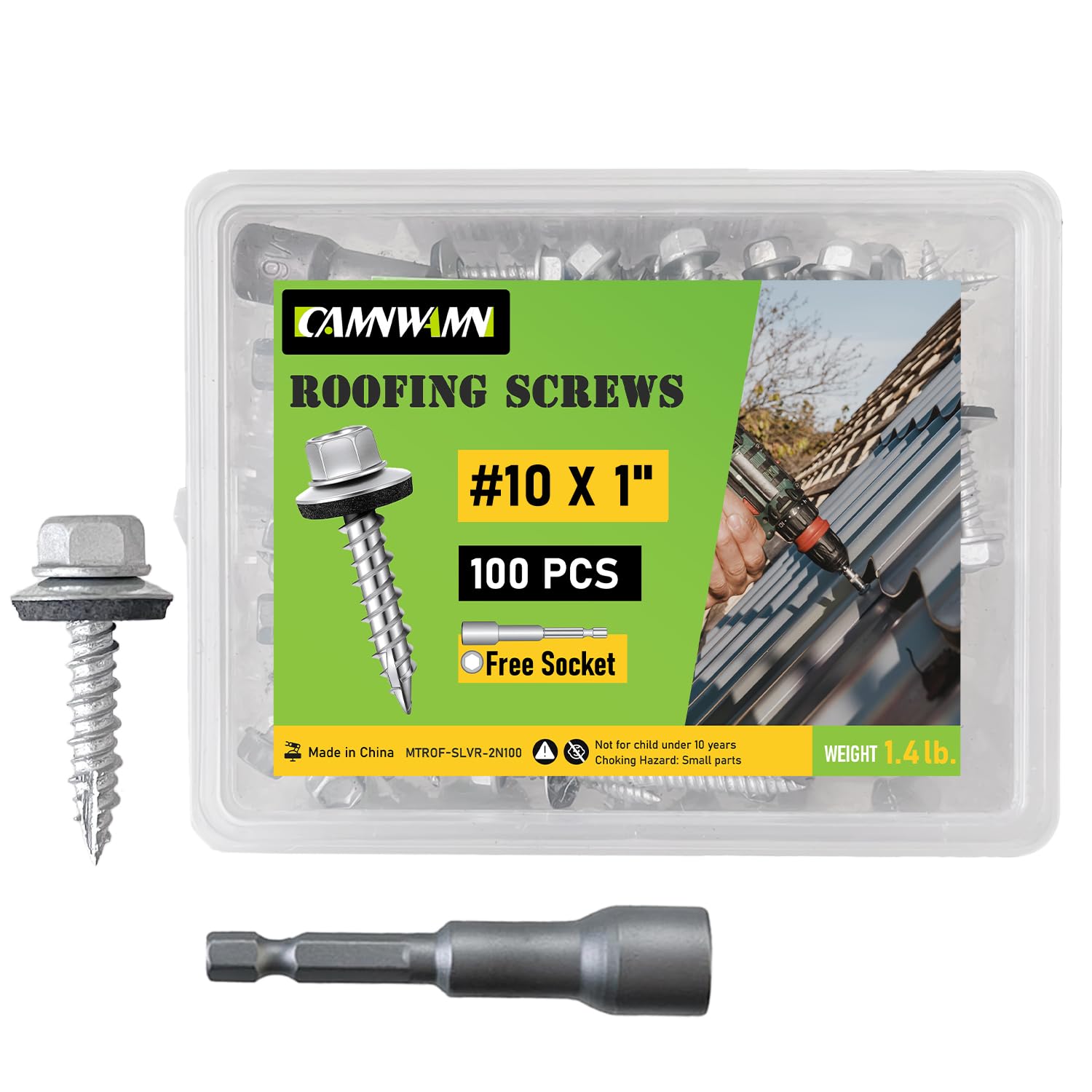 CAMNWAMN 100 Pcs, #10 x 1 Inch Hex Head Metal Roofing Screws, Zinc Plated Sharp Point Sheet Metal Roof Screw with Rubber Washer, Self Tapping Metal to