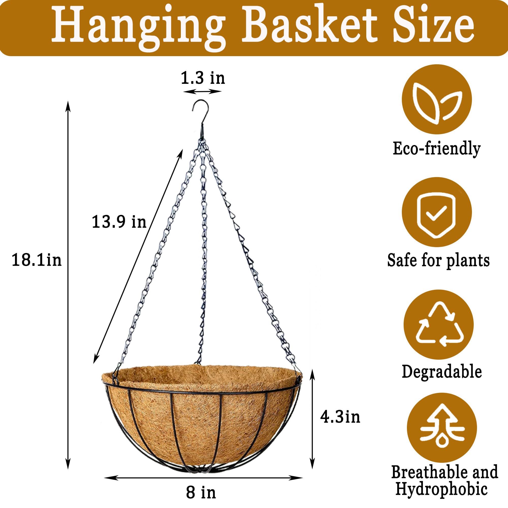 Lot de 4 pots de fleurs à suspendre en métal de 20,3 cm avec doublure en fibre de coco et fil rond avec chaîne pour intérieur ou extérieur, terrasse, porche, décoration de jardin (XG)