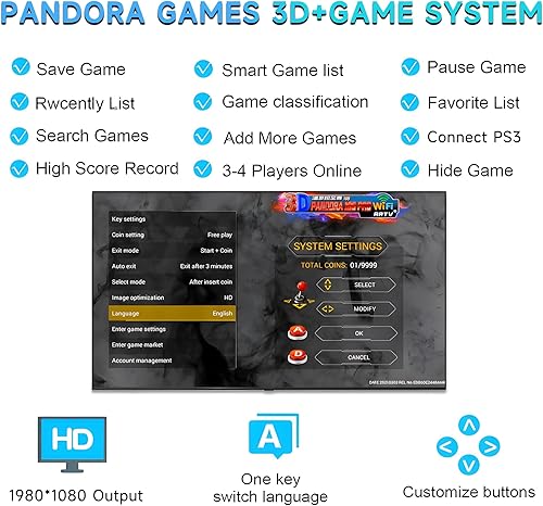 Miniatura 5 de Pandora Box Arcade, 29800 juegos en 1 consola de juegos arcade, 1280 x 720 máquina de juegos retro Full HD para PC, proyector y TV, 2-4 jugadores,