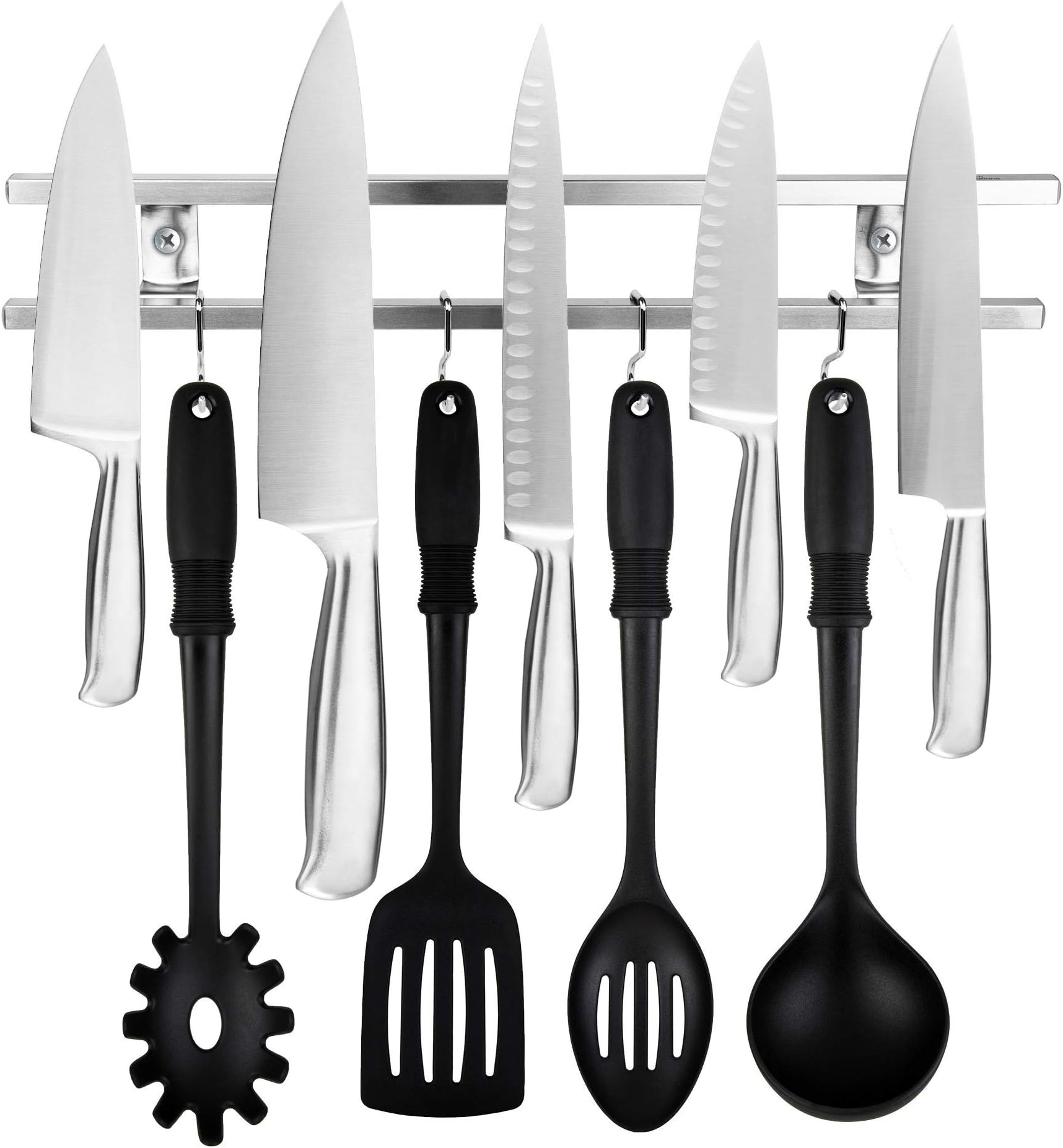 Modern Innovations(16 Inch) Stainless Steel Metal Magnetic Knife Holder, Wall Mount Double Bar with 8 Hooks - Multipurpose Knife Magnetic Strip, Utensil hanger, and Kitchen Storage Rack Magnet