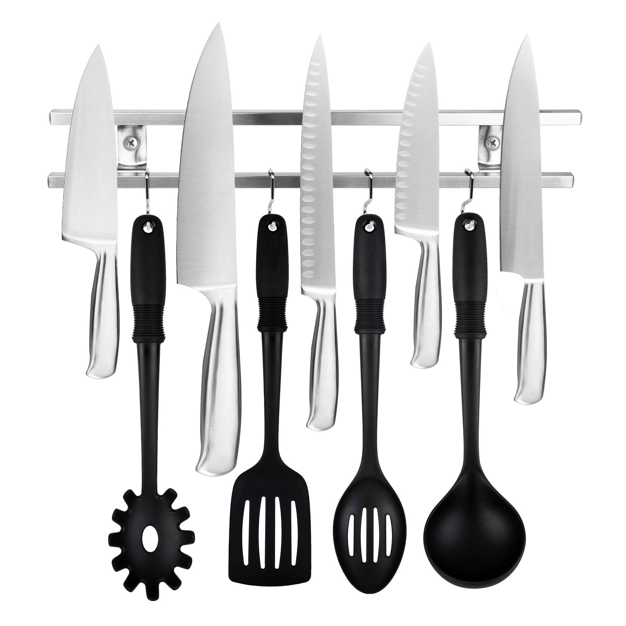 Modern Innovations(16 Inch) Stainless Steel Metal Magnetic Knife Holder, Wall Mount Double Bar with 8 Hooks - Multipurpose Knife Magnetic Strip, Utensil hanger, and Kitchen Storage Rack Magnet