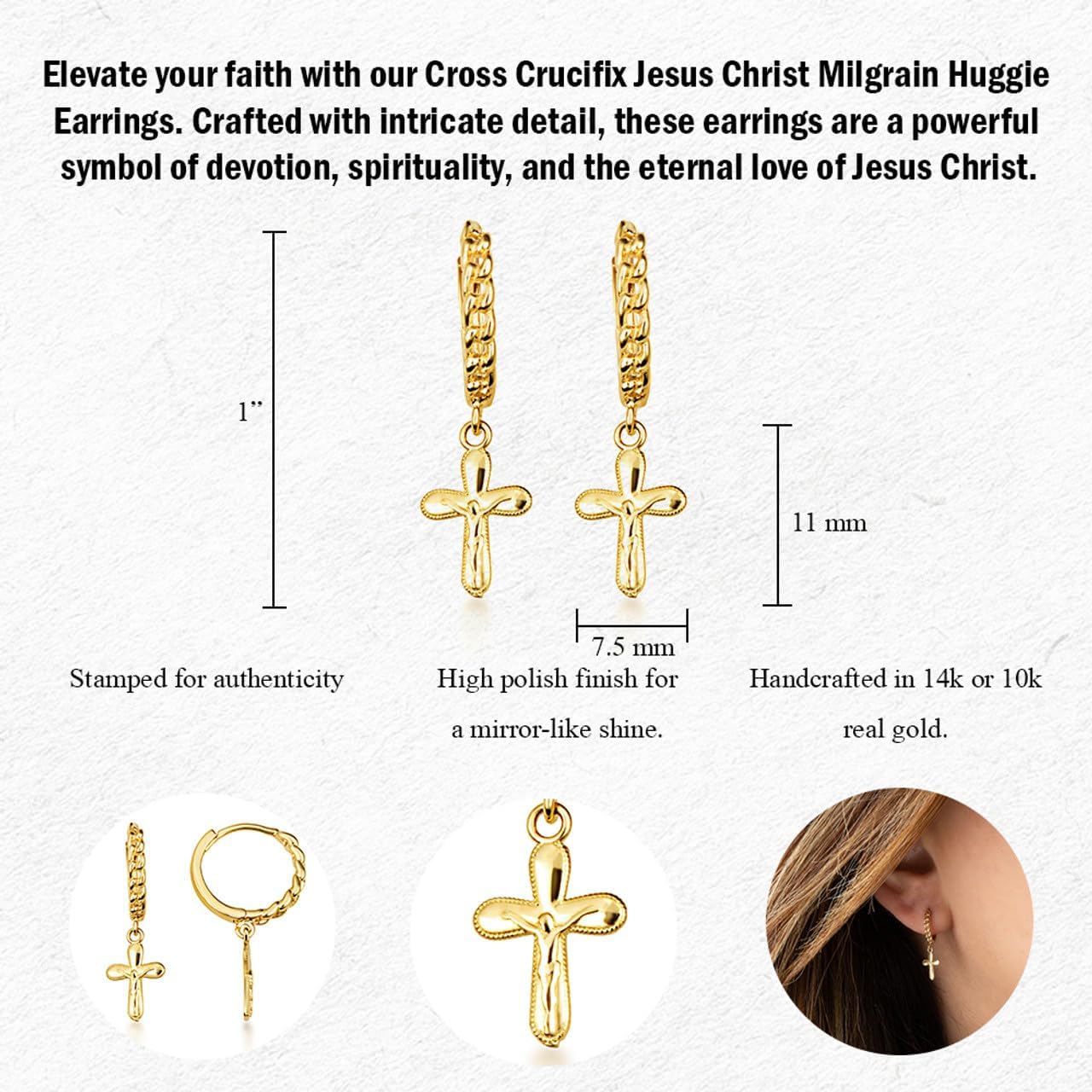 10K or 14K Yellow Gold Jesus Christ Crucifix Cross Milgrain Cuban Link Drop Huggie Hoop Earrings for Women Girls - Choice of Metal