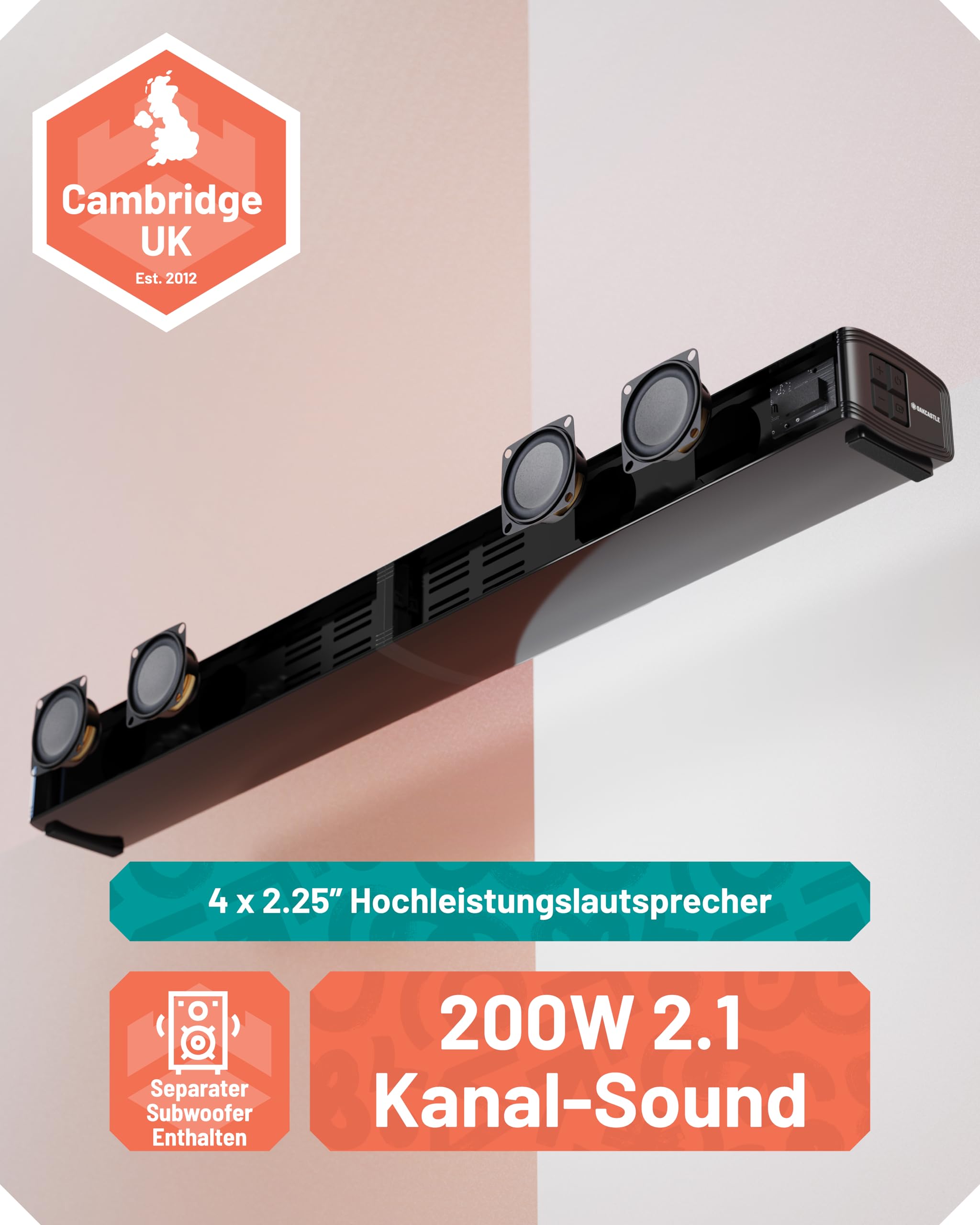 Oakcastle SB80 Xtra Soundbar für TV Geräte, 2-in-1-Abnehmbare Soundbar | 200W 2.1 Soundbar mit Subwoofer, Heimkino Soundsystem, HDMI ARC, Bluetooth 5.3, Inklusive Wandmontage-Set & Fernbedienung