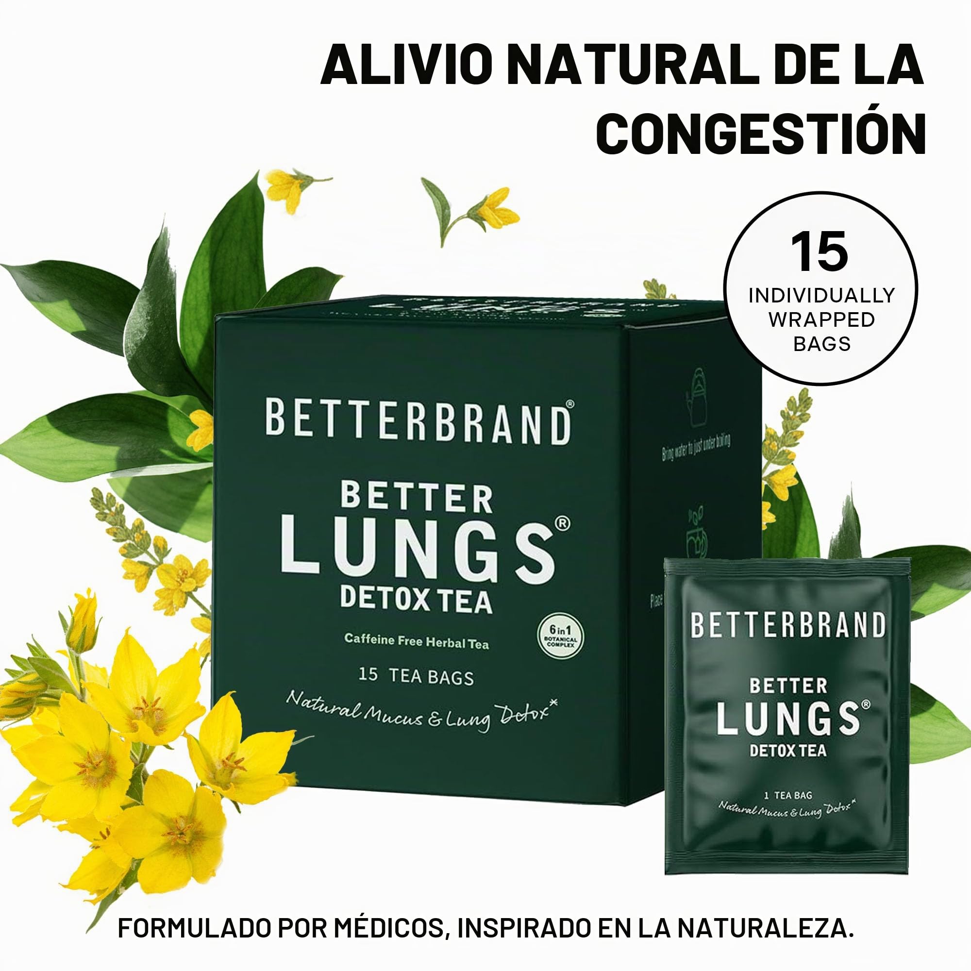 Betterbrand Bolsas de té de gordolobo para desintoxicación pulmonar, apoyo respiratorio con tomillo, saúco, ginseng, jengibre, mezcla de hierbas sin cafeína, 15 bolsas de té (paquete de 1)