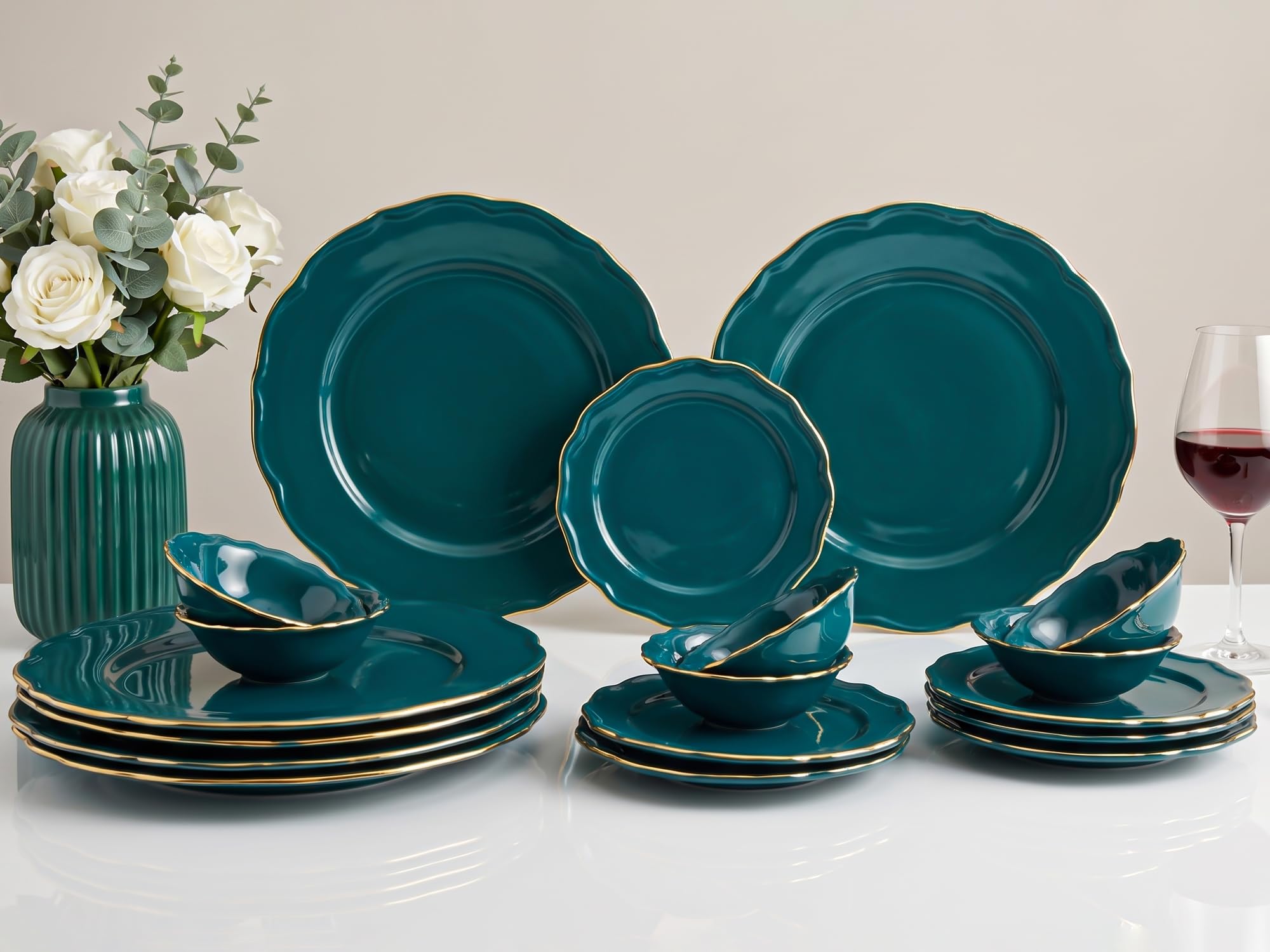 Bodhi House 18-Piece Gold Rim Porcelain Dinner Set | Plates & Bowls Set | Lightweight, Chip Resistant, | Dishwasher Safe | Ideal for Home Dining Gifting Tableware Set | Teal